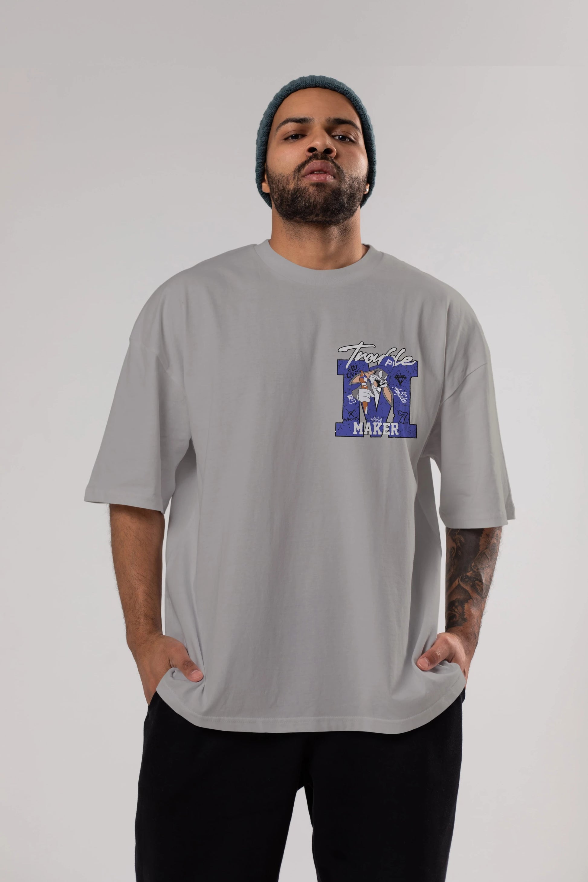Bugs Bunny Ön Sol Baskılı Oversize t-shirt Erkek Kadın Unisex %100 Pamuk Bisiklet Yaka tişort
