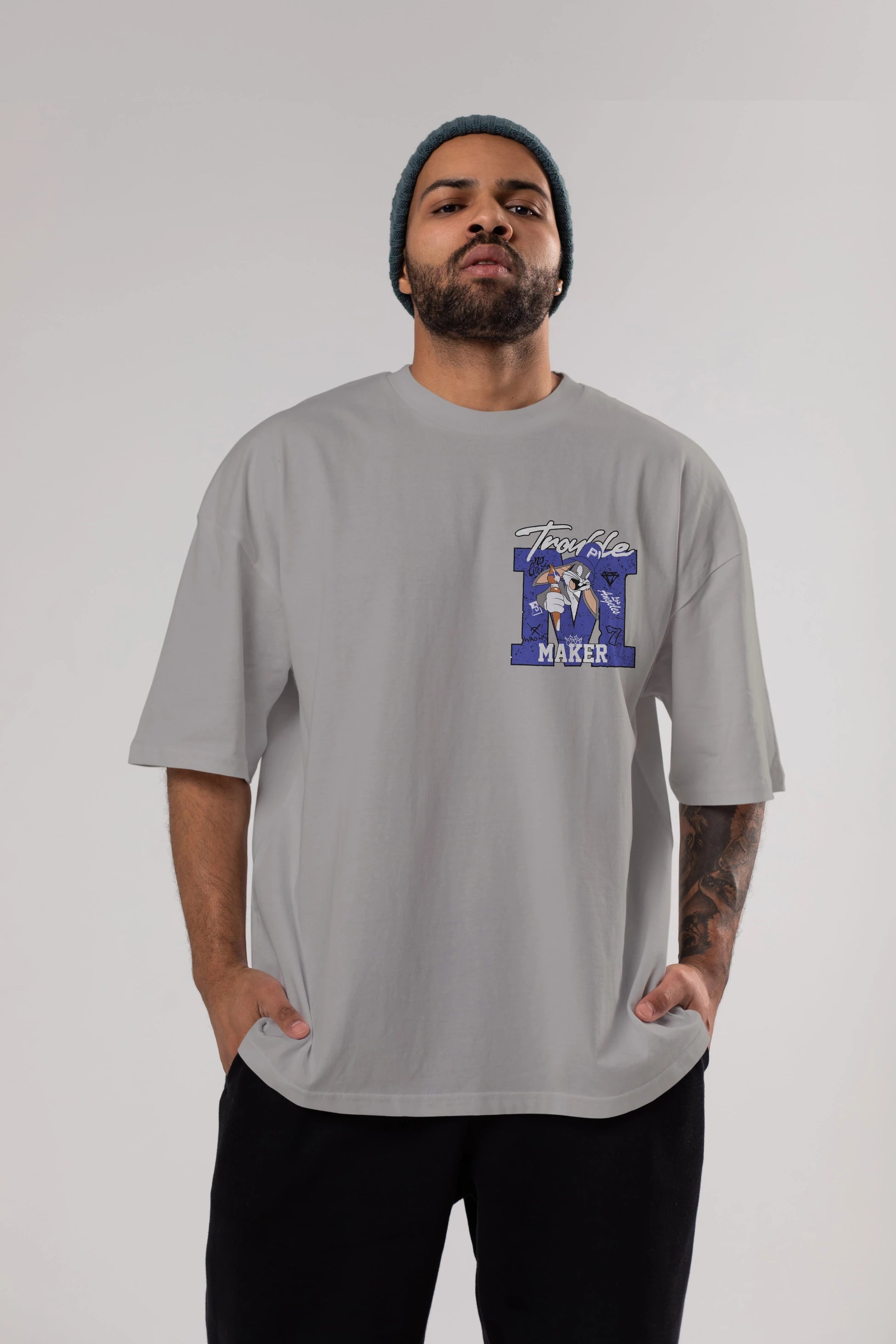 Bugs Bunny Ön Sol Baskılı Oversize t-shirt Erkek Kadın Unisex %100 Pamuk Bisiklet Yaka tişort