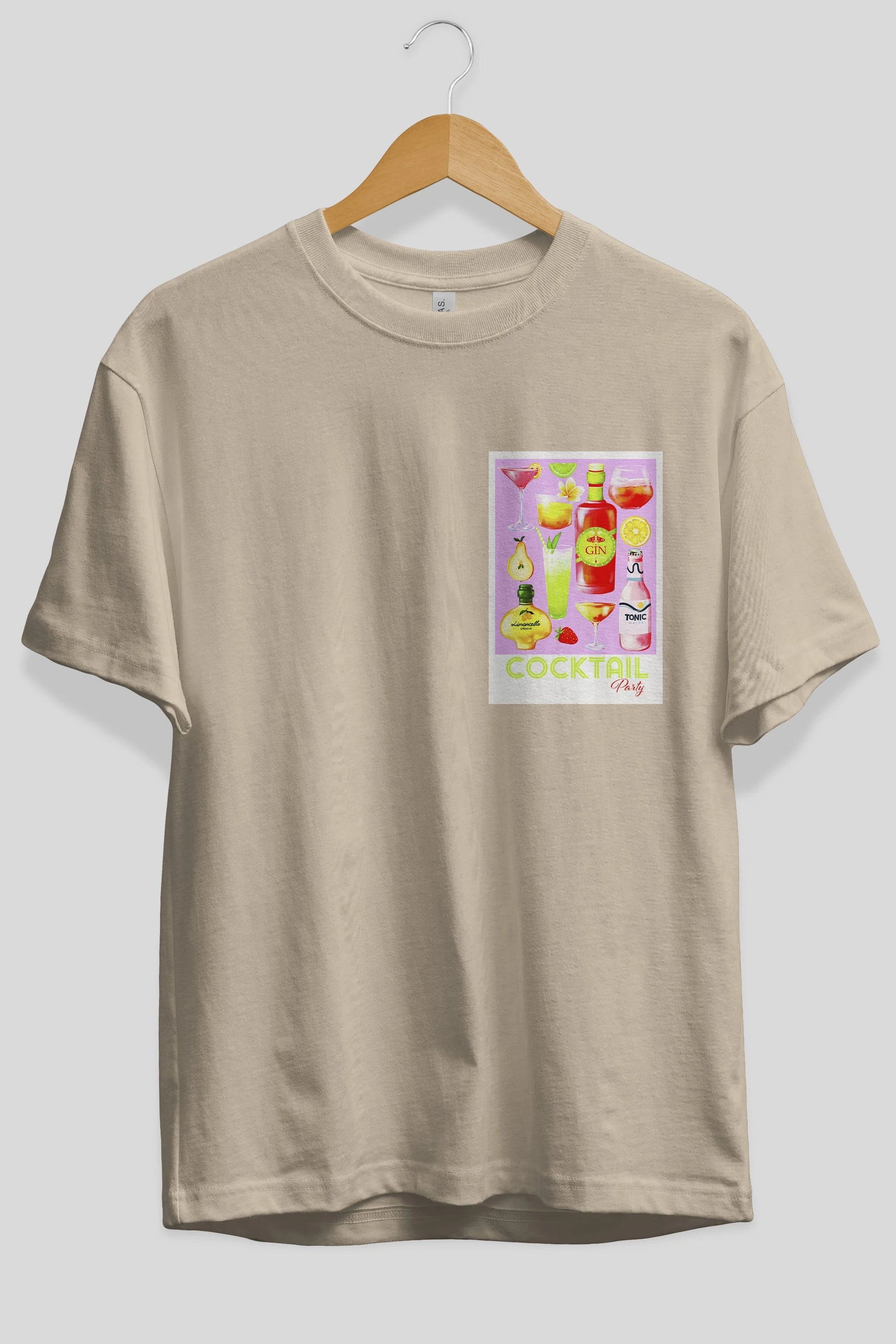 Cocktail Party Ön Sol Baskılı Oversize t-shirt Erkek Kadın Unisex %100 Pamuk Bisiklet Yaka tişort