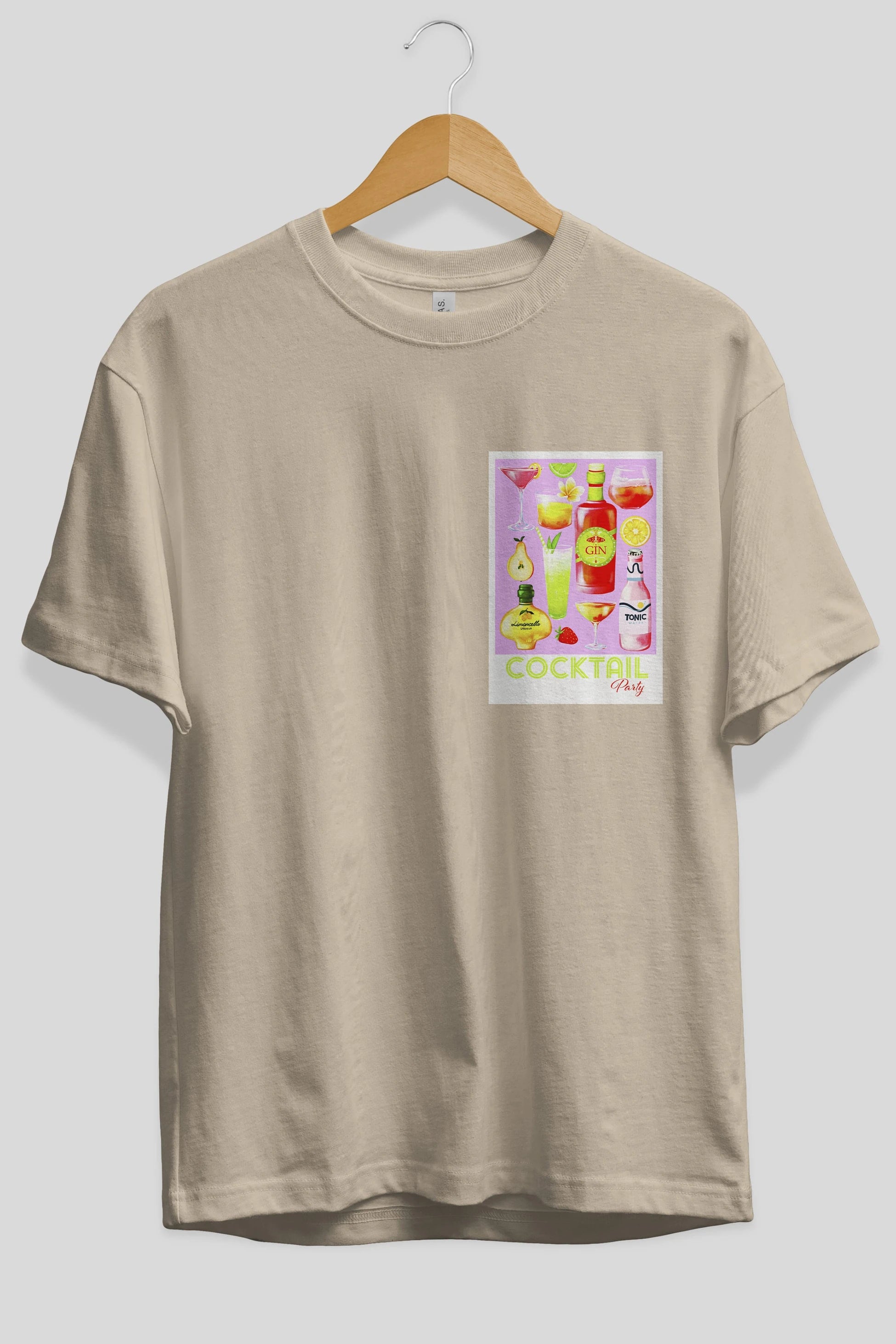 Cocktail Party Ön Sol Baskılı Oversize t-shirt Erkek Kadın Unisex %100 Pamuk Bisiklet Yaka tişort