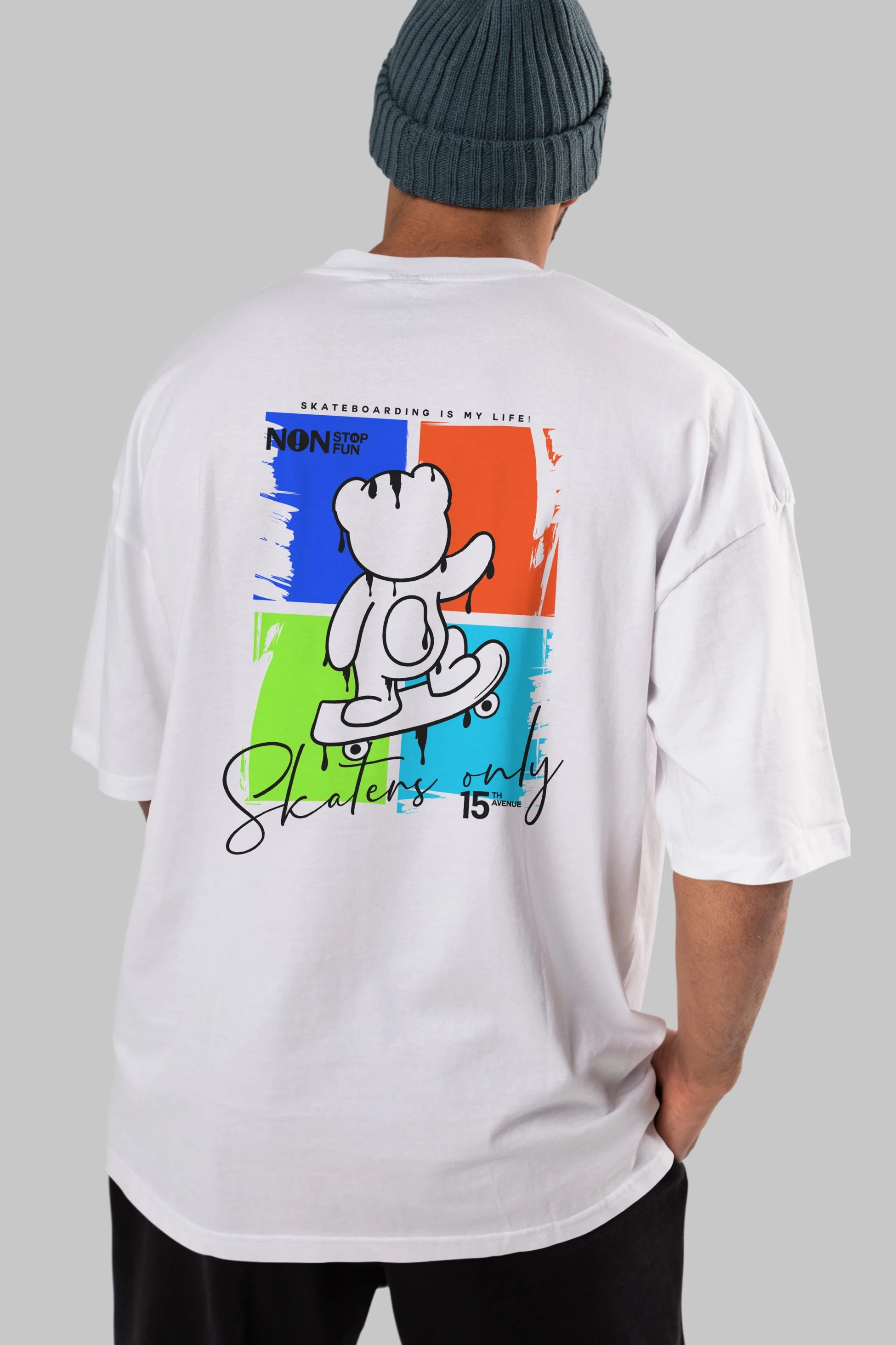 Skaters Only Bear Arka Baskılı Oversize t-shirt Erkek Kadın Unisex
