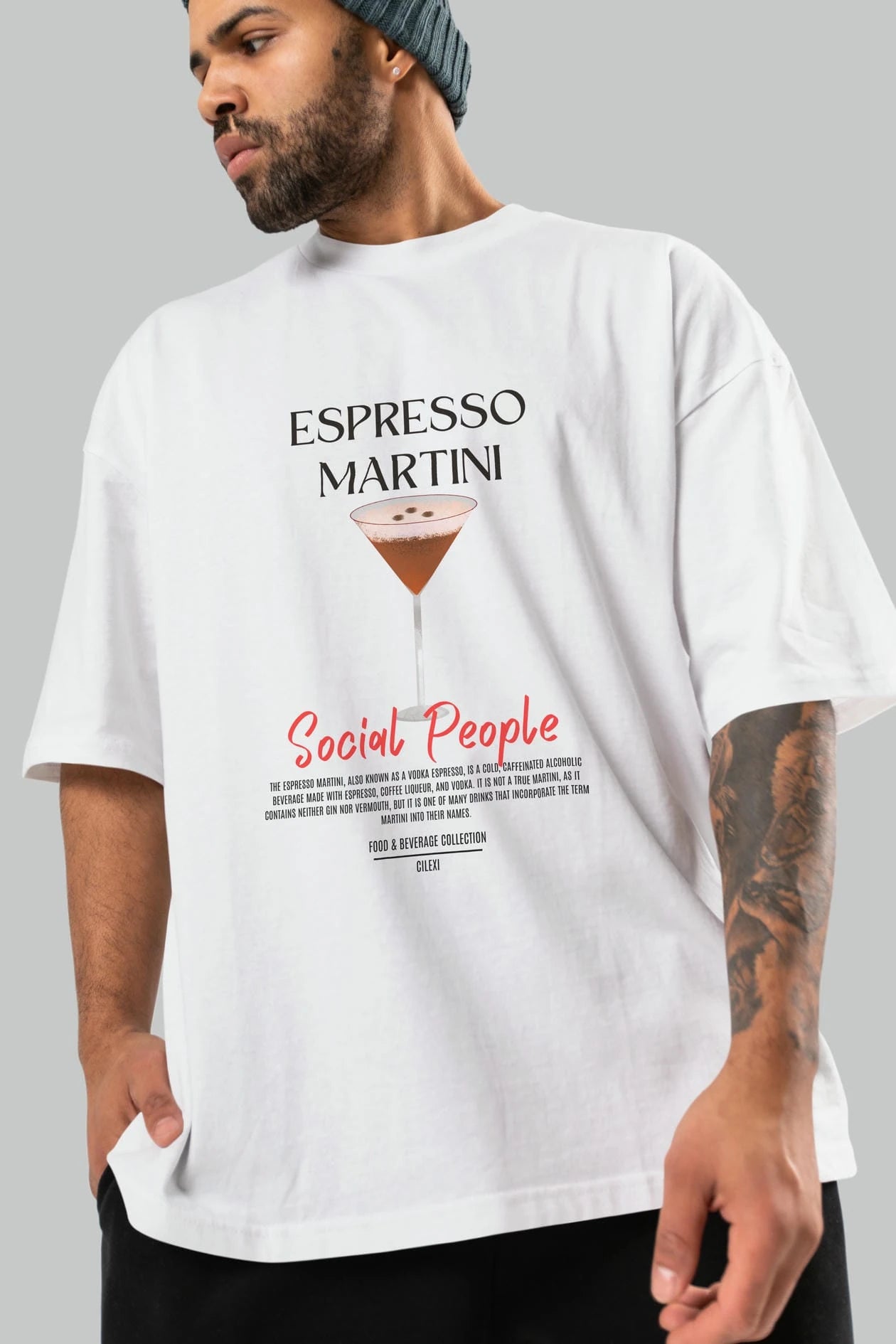 Espresso Martını Kokteyl Serisi ön Baskılı Oversize t-shirt Erkek Kadın %100 Pamuk Bisiklet Yaka tişort