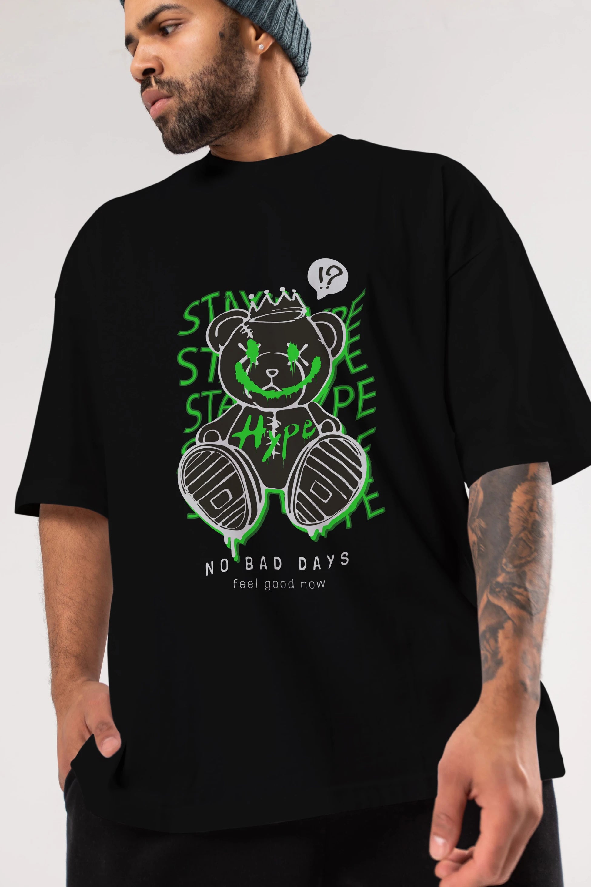 Stay Hype Bear Ön Baskılı Oversize t-shirt Erkek Kadın Unisex