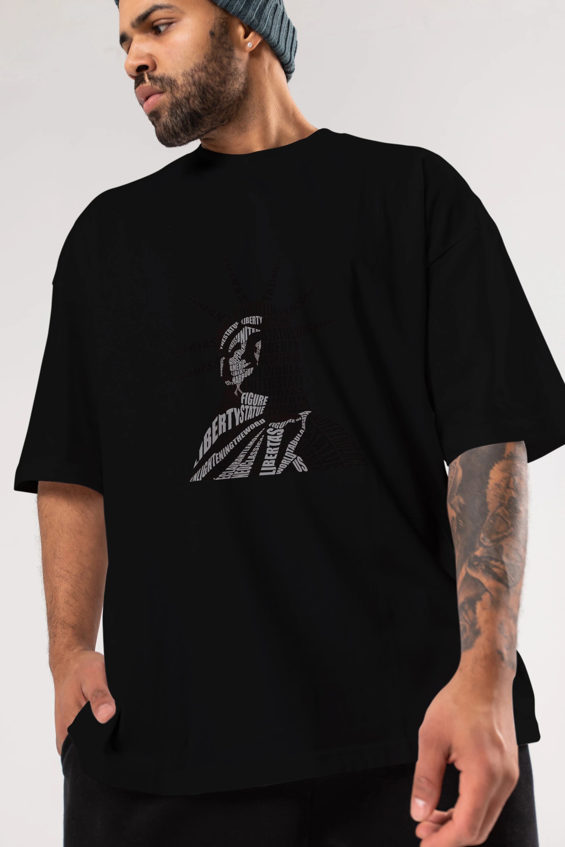 Liberty Statue Calligram Ön Baskılı Oversize t-shirt %100 pamuk Erkek Kadın Unisex
