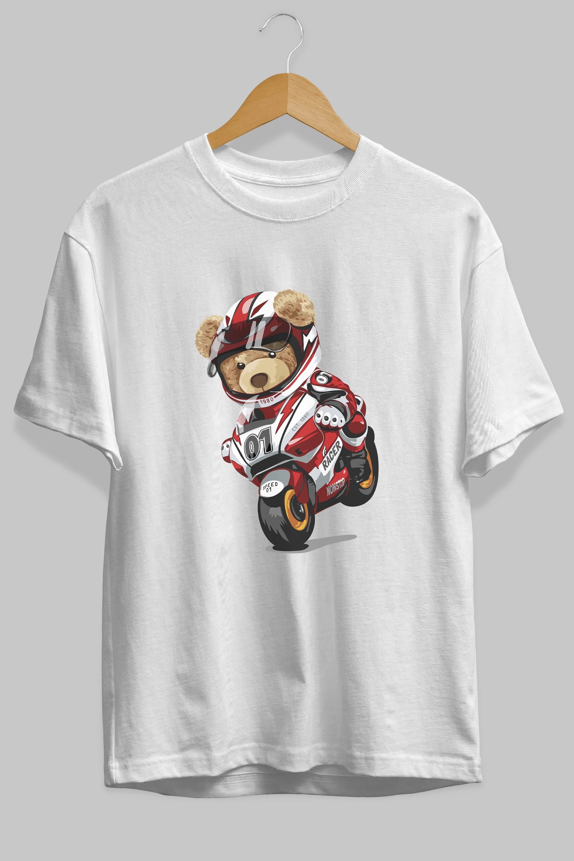 Teddy Bear Racer Ön Baskılı Oversize t-shirt Erkek Kadın Unisex %100 Pamuk