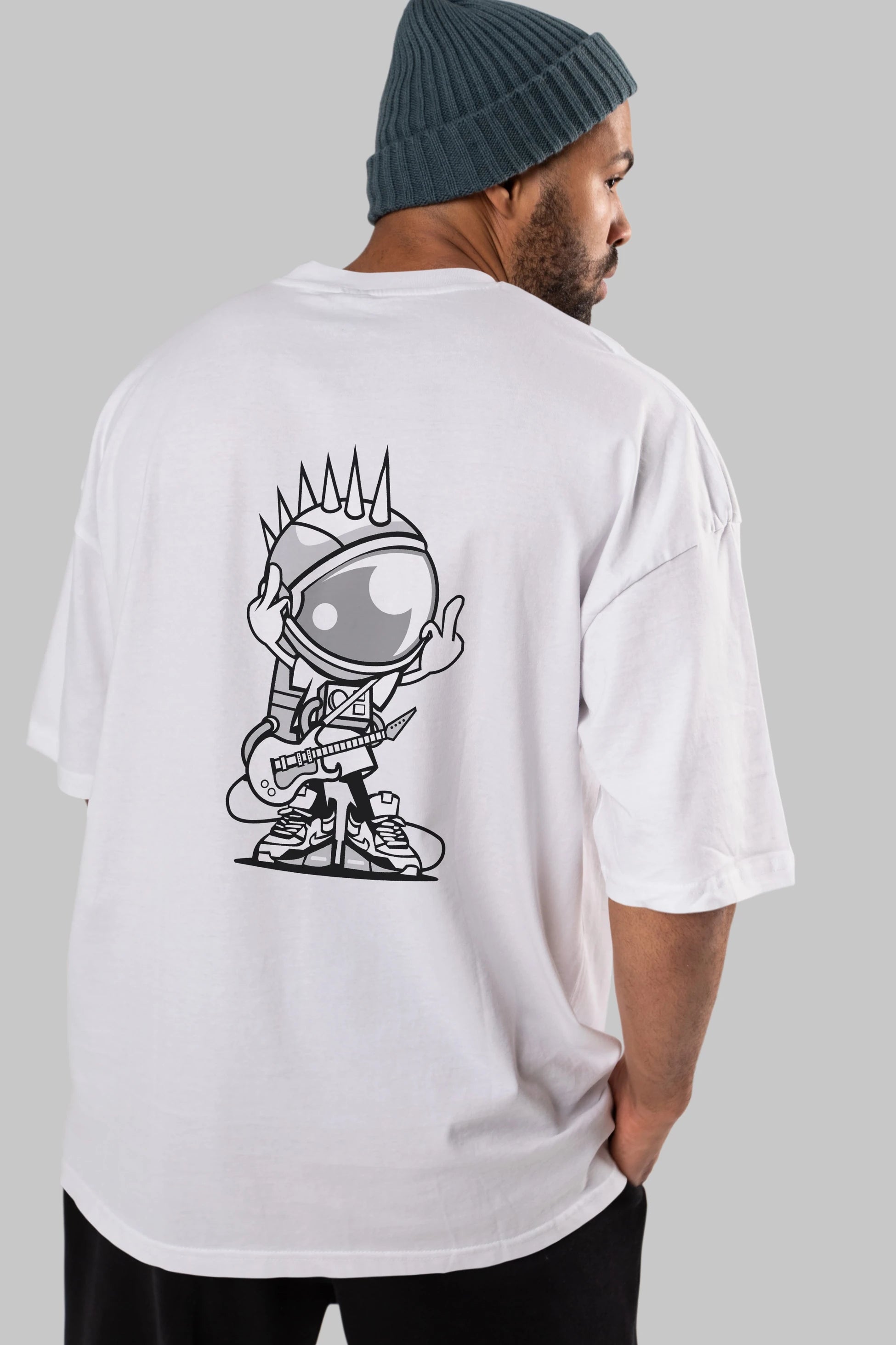 Astronaut Punk Rock Arka Baskılı Oversize t-shirt Erkek Kadın Unisex %100 Pamuk tişort