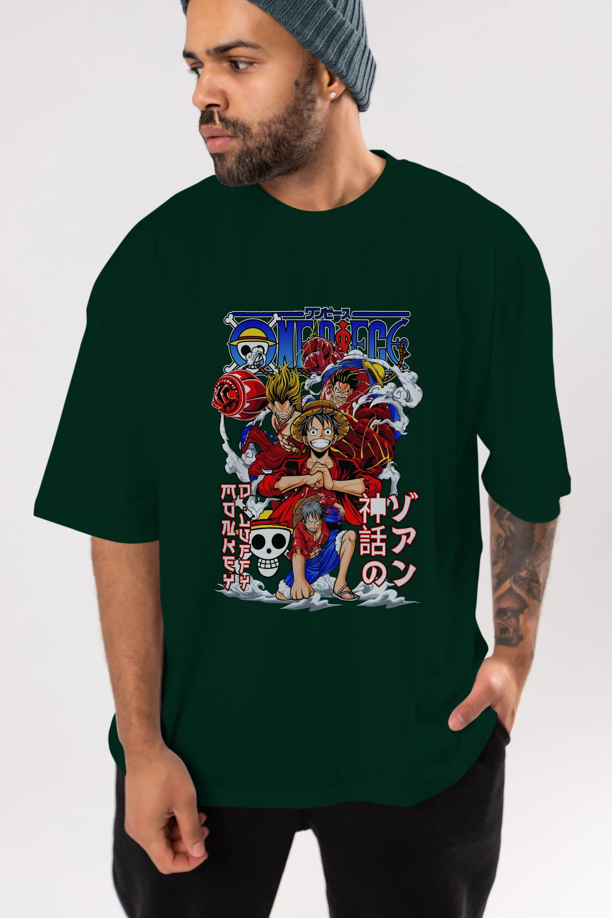 MONKEY D. LUFF-ONE PIECE 2 Anime Ön Baskılı Oversize t-shirt %100 pamuk Erkek Kadın Unisex