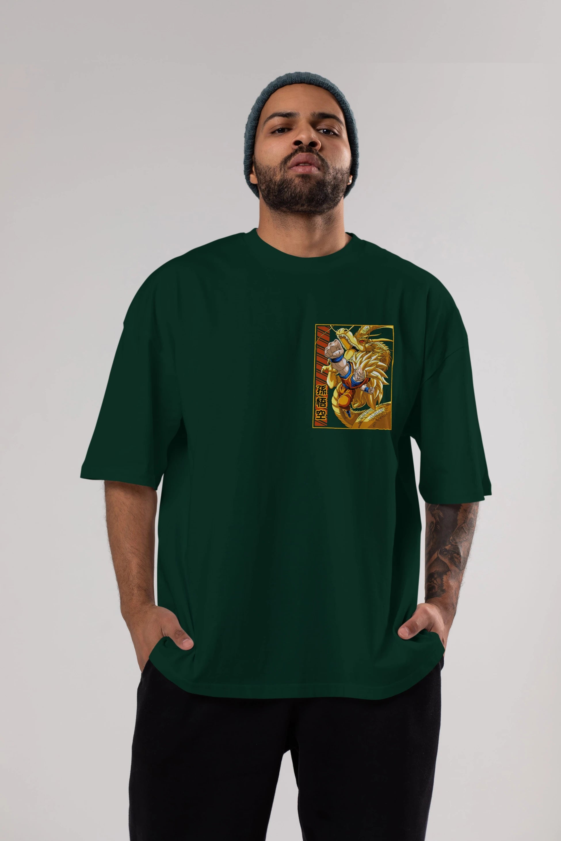 DragonBall Goku Ön Sol Baskılı Oversize t-shirt Erkek Kadın Unisex %100 Pamuk Bisiklet Yaka tişort