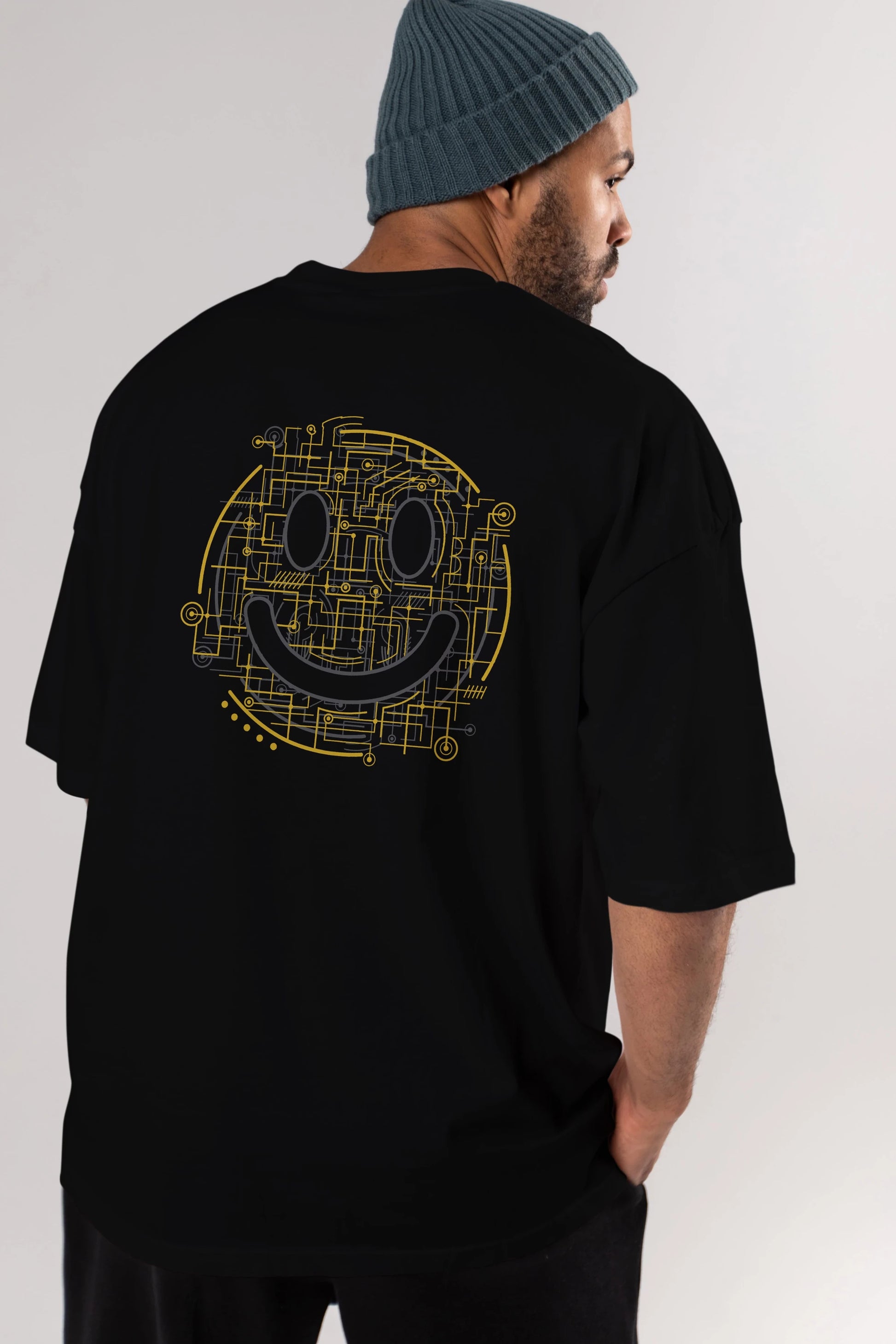 Electric Smiley Arka Baskılı Oversize t-shirt %100 pamuk Erkek Kadın Unisex