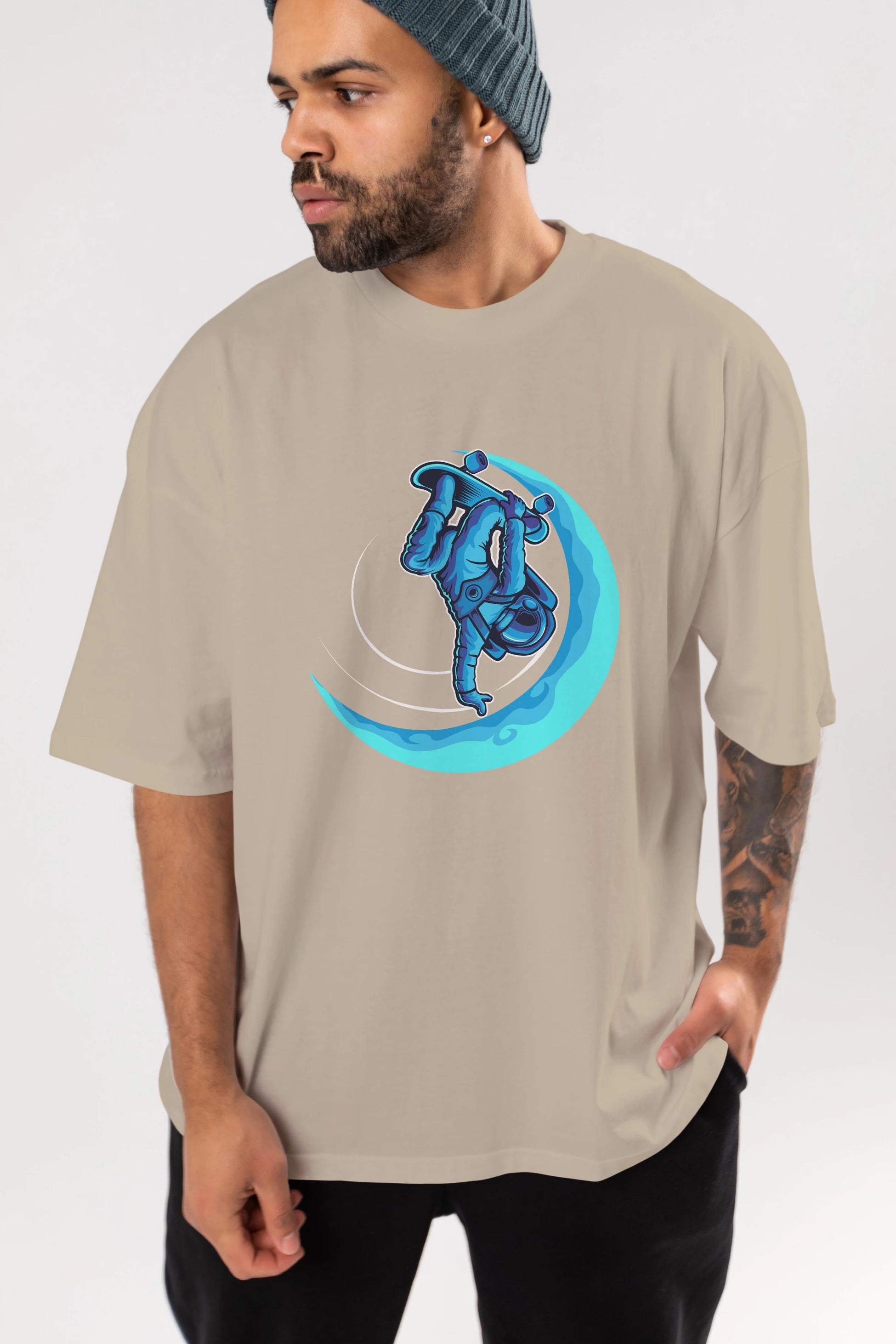 Skating on the moon Ön Baskılı Oversize t-shirt Erkek Kadın Unisex