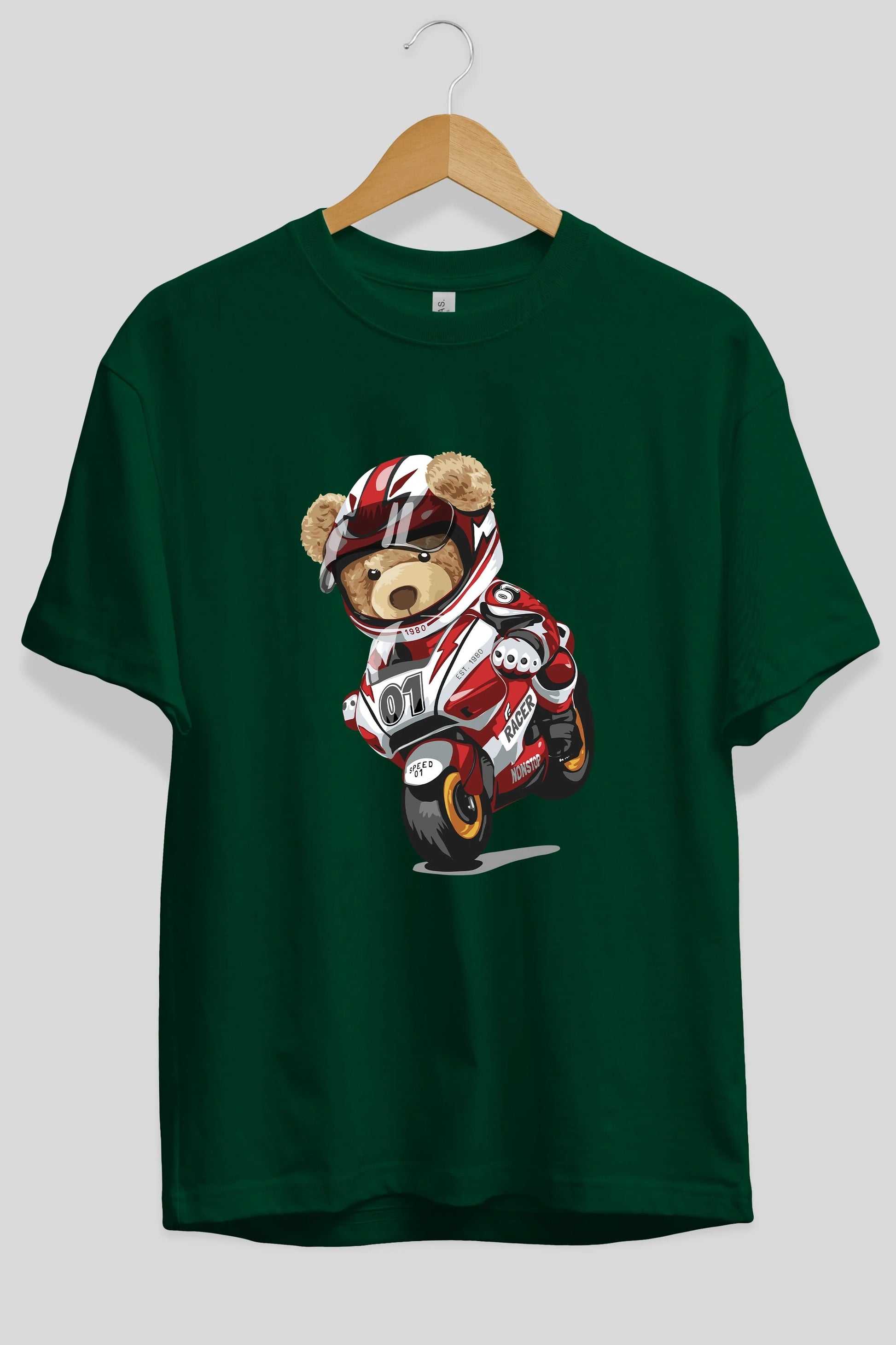 Teddy Bear Racer Ön Baskılı Oversize t-shirt Erkek Kadın Unisex %100 Pamuk