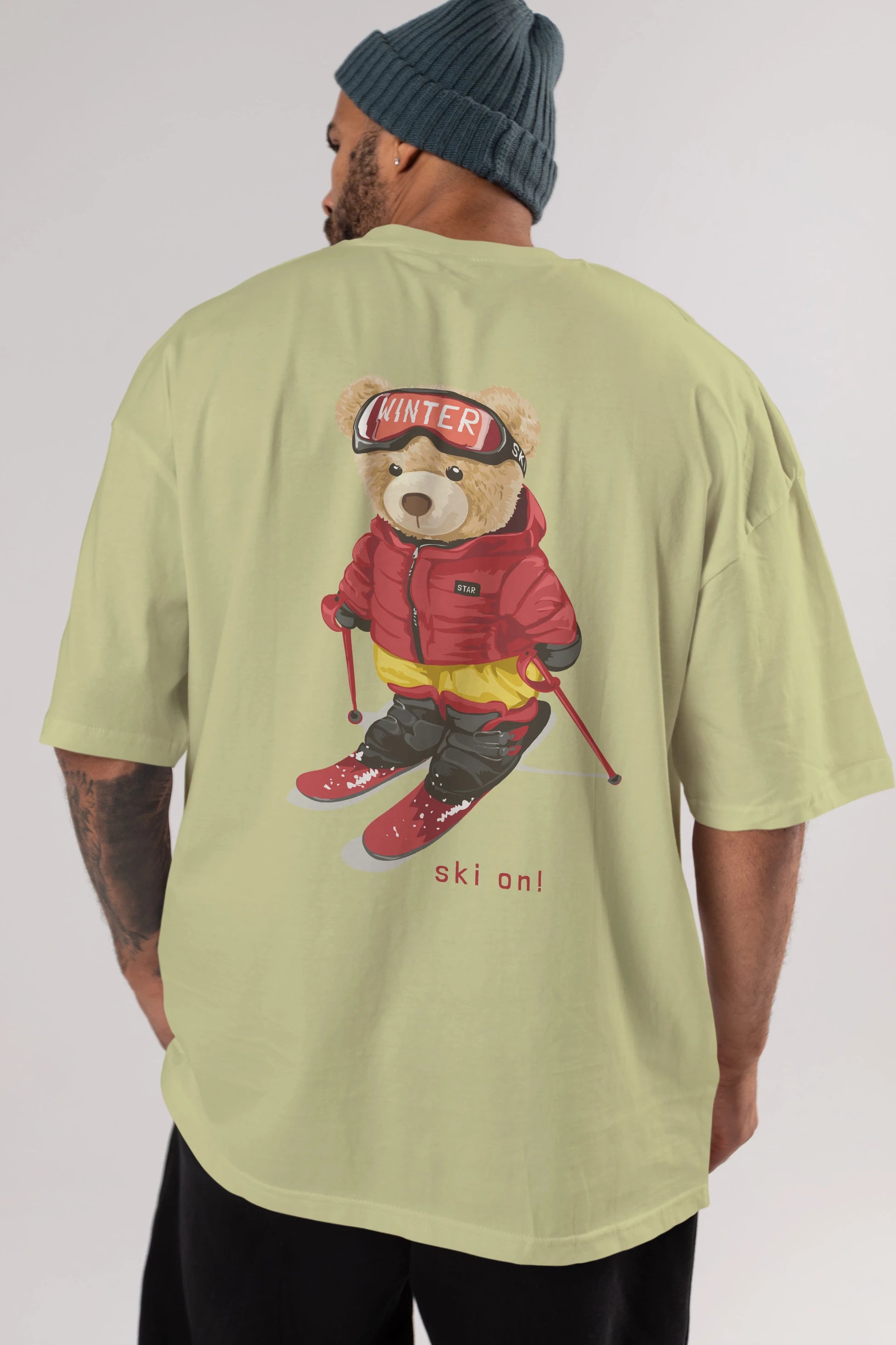 Teddy Bear Ski On Arka Baskılı Oversize t-shirt Erkek Kadın Unisex %100 Pamuk