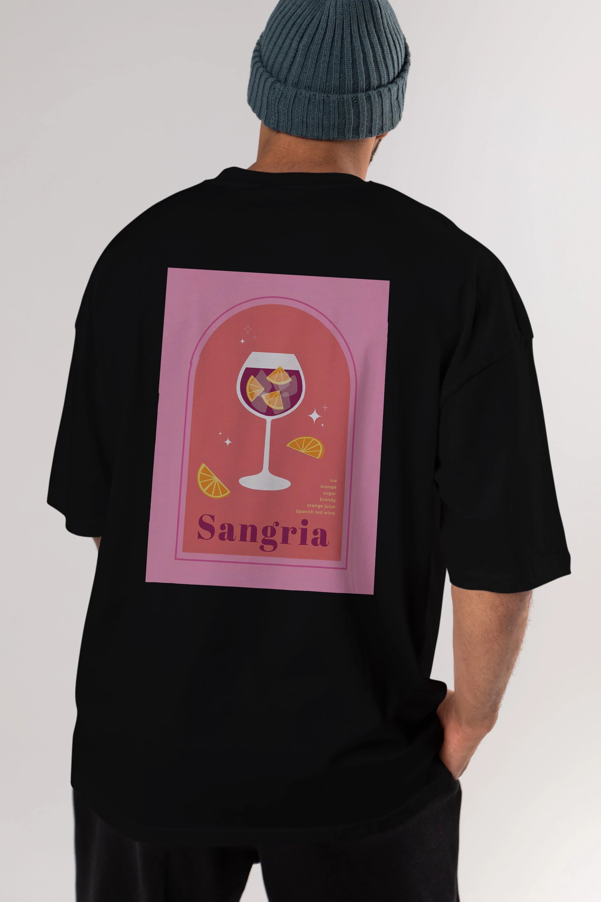 Sangria Arka Baskılı Oversize t-shirt Erkek Kadın Unisex %100 Pamuk Bisiklet Yaka tişort