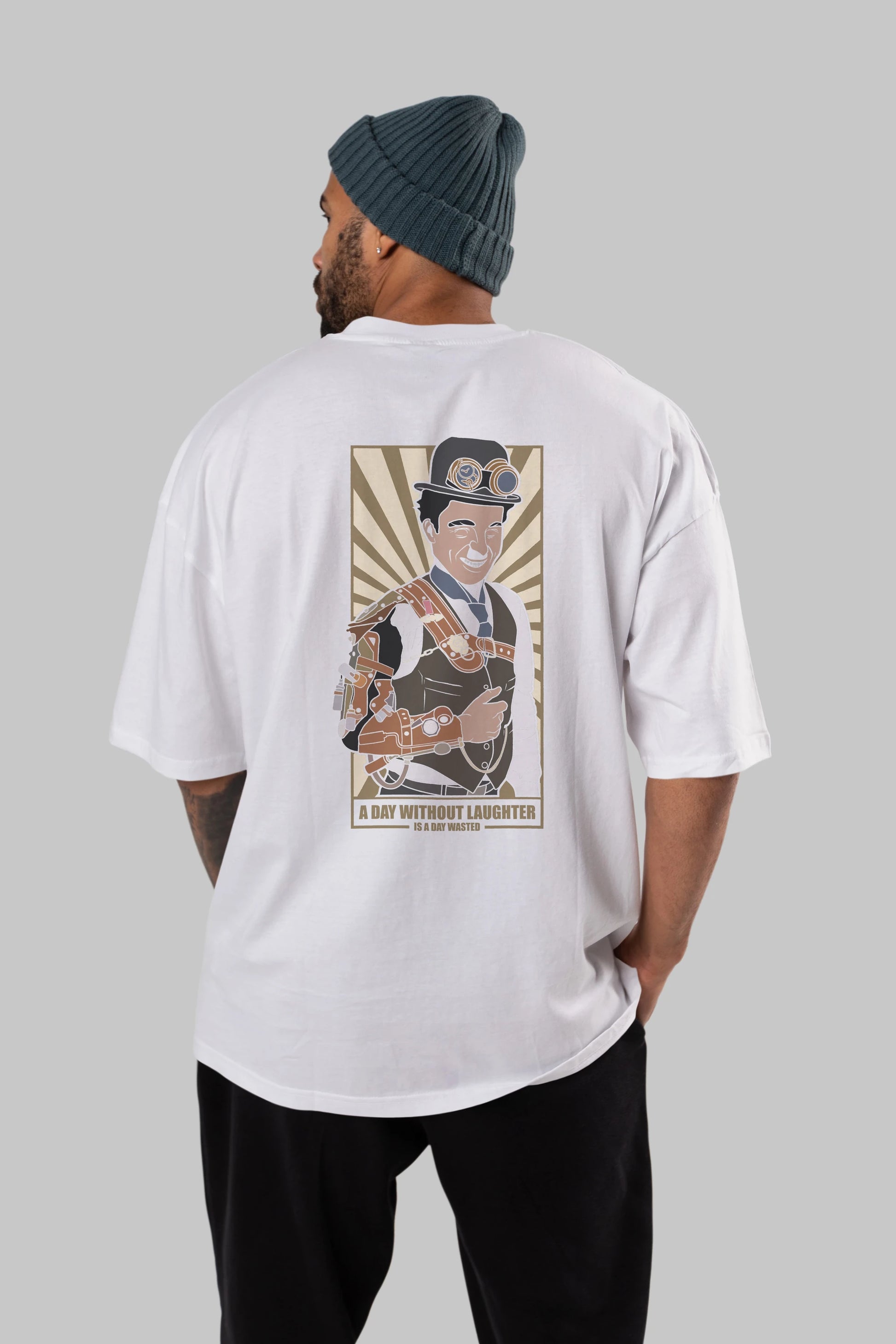 Steampunk Chaplin Arka Baskılı Oversize t-shirt Erkek Kadın Unisex %100 Pamuk tişort
