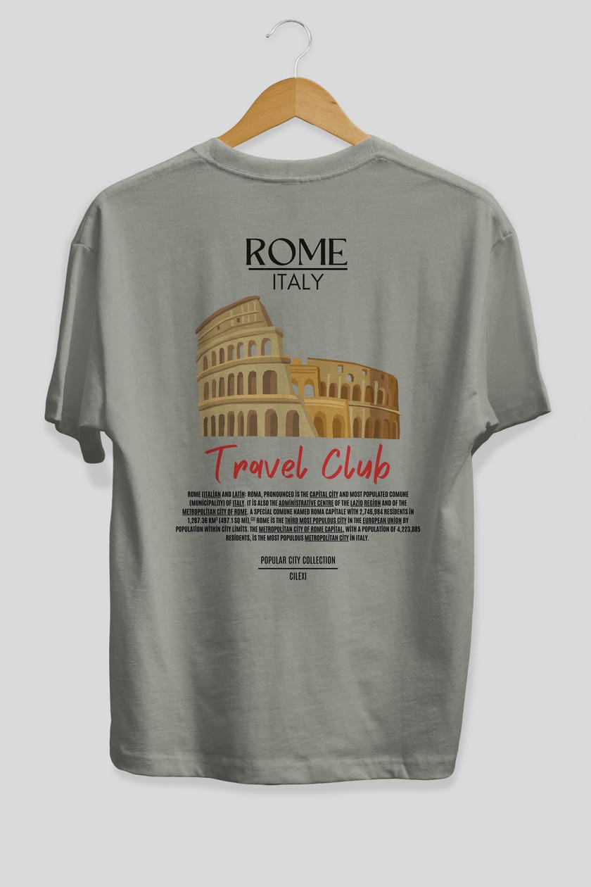 Roma İtaly Arka Baskılı Oversize t-shirt Erkek Kadın Pamuk Bisiklet Yaka tişort