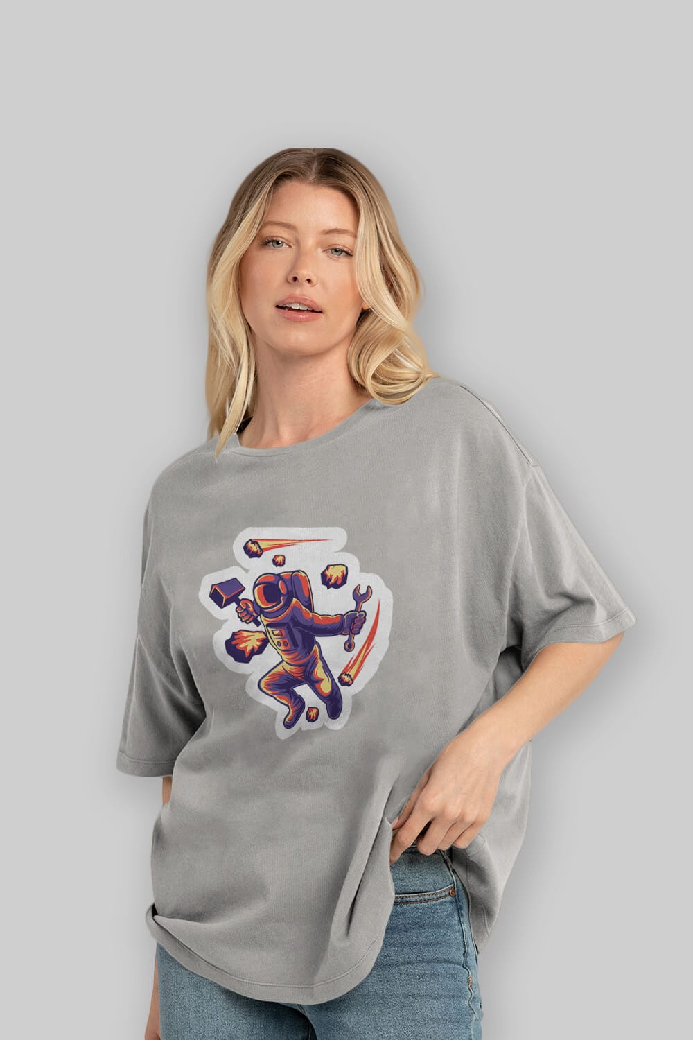 Astronaut Block Meteor Sticker Ön Baskılı Oversize t-shirt Erkek Kadın Unisex