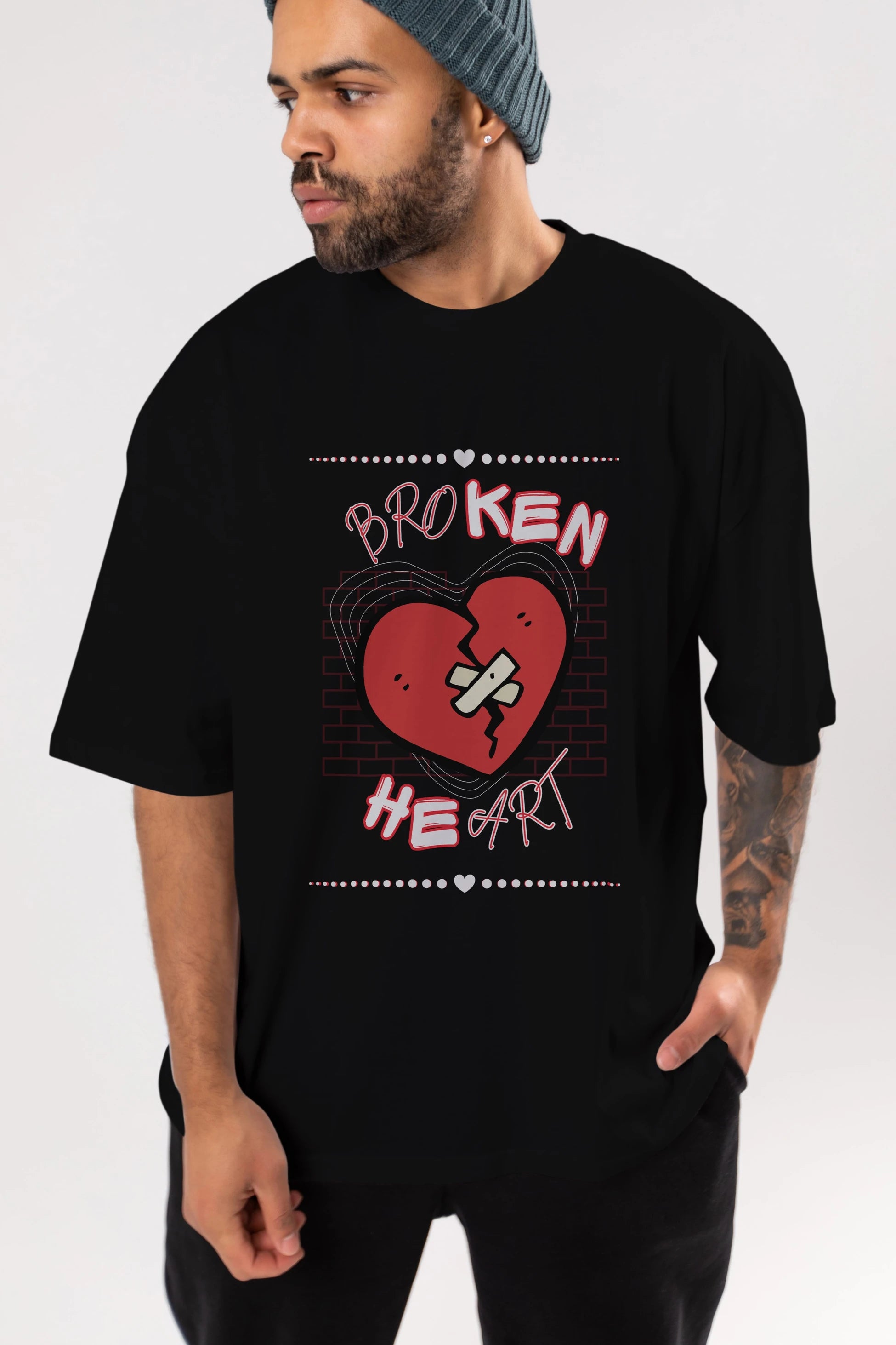 Broken Heart Yazılı Ön Baskılı Oversize t-shirt Erkek Kadın Unisex