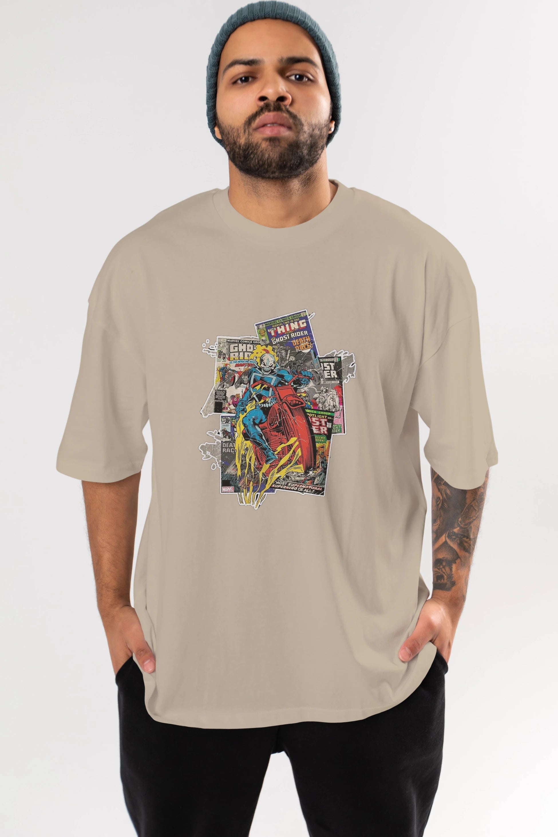 Ghost Rider Ön Baskılı Oversize t-shirt Erkek Kadın Unisex %100 Pamuk Bisiklet Yaka tişort