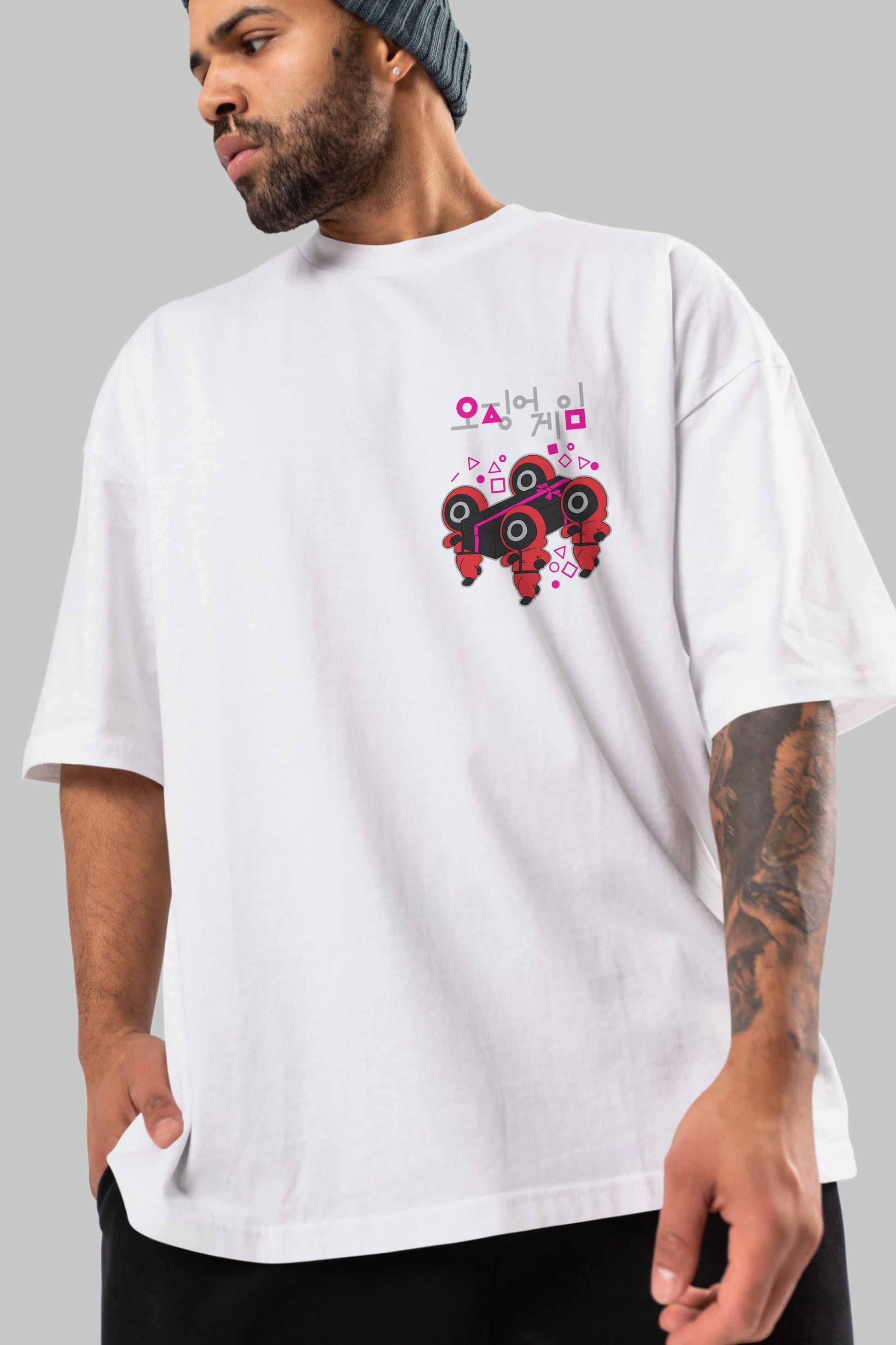 Squid Game (6) Ön Sol Baskılı Oversize t-shirt Erkek Kadın Unisex %100 Pamuk Bisiklet Yaka tişort