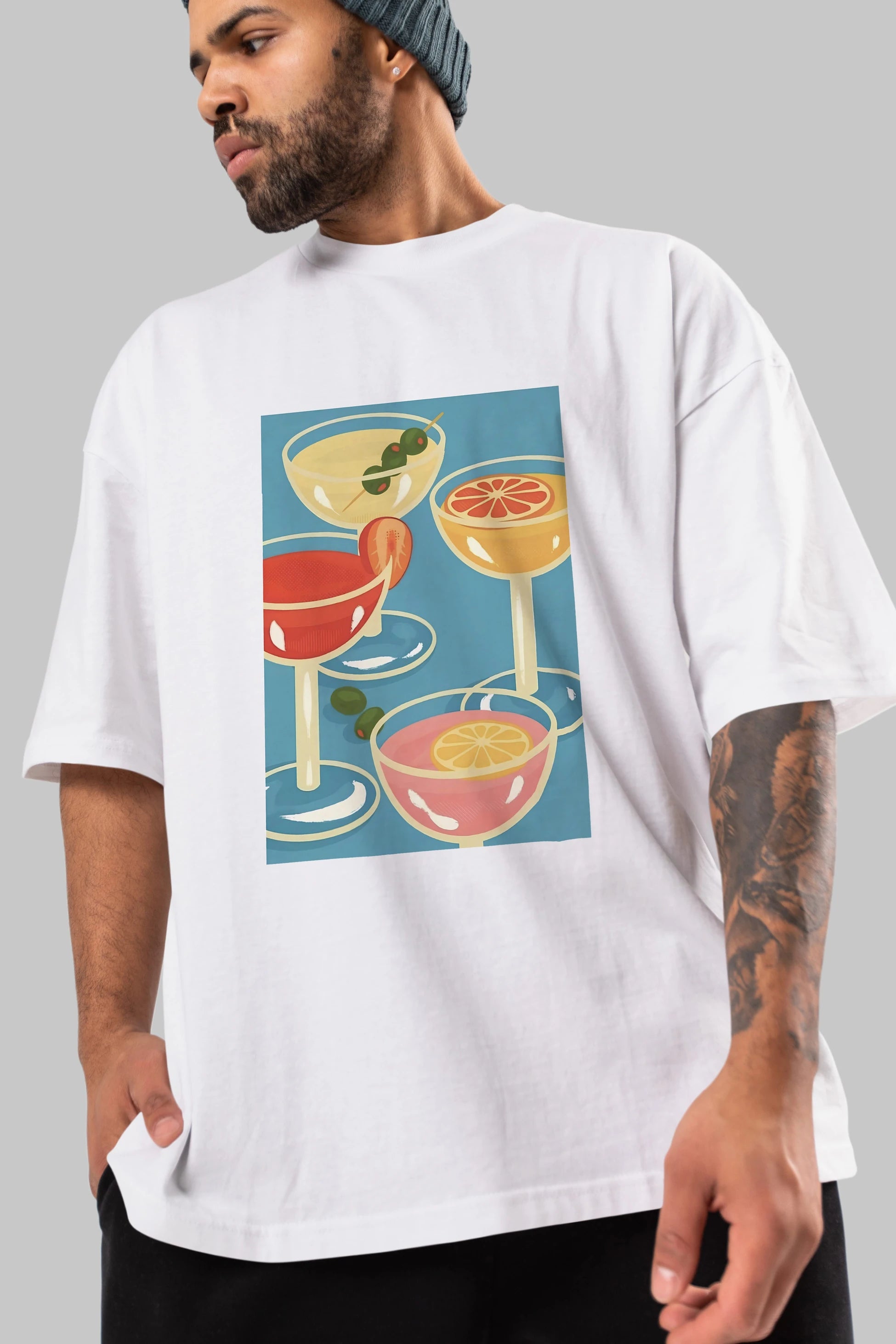Cocktails Ön Baskılı Oversize t-shirt Erkek Kadın Unisex %100 Pamuk Bisiklet Yaka tişort