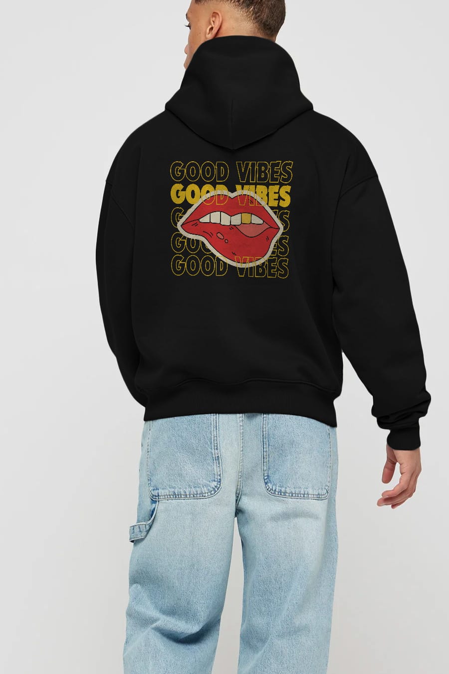 Good Vibes Yazılı 2 Arka Baskılı Oversize Hoodie Kapüşonlu Sweatshirt Erkek Kadın Unisex