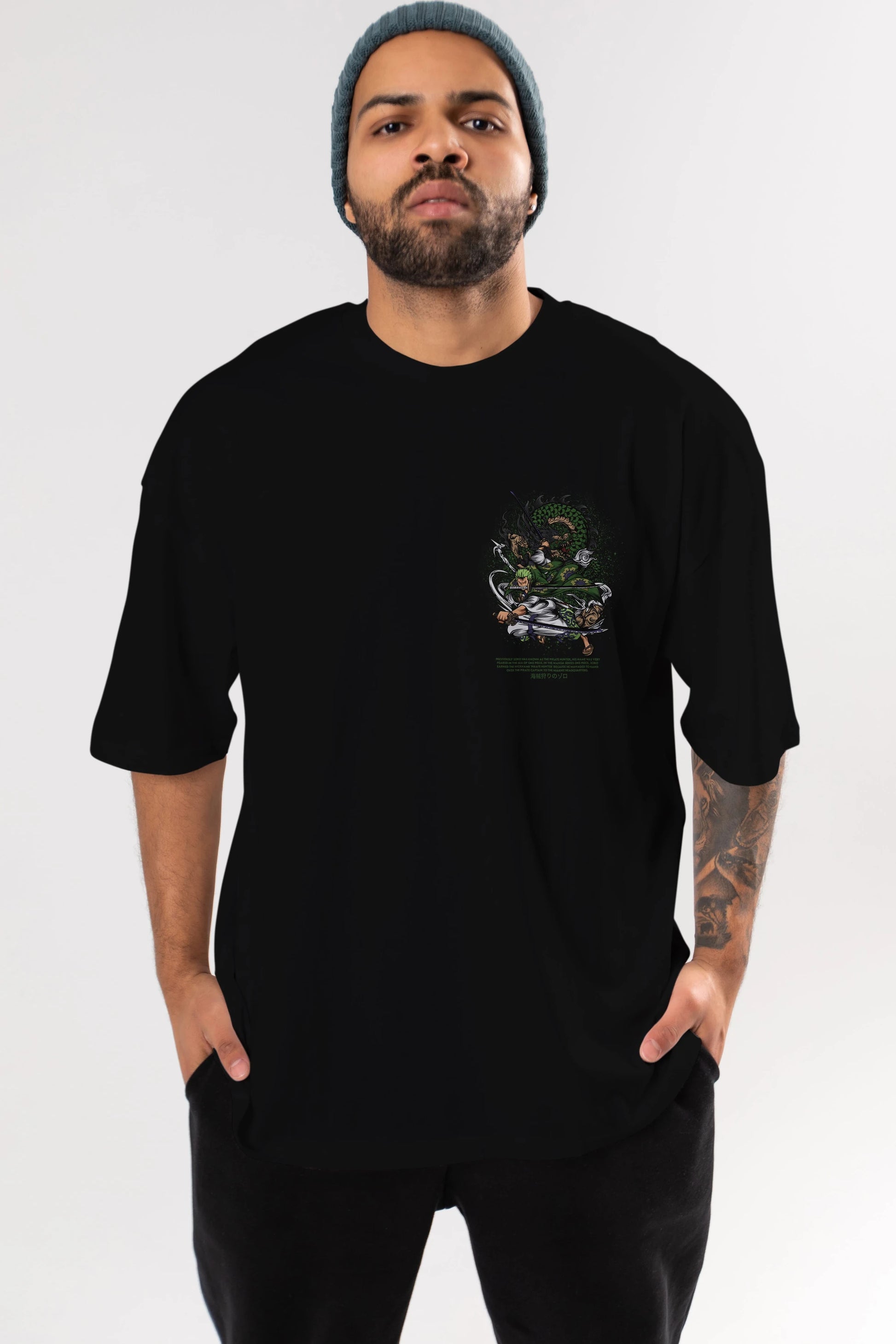Zoro Ön Sol Baskılı Oversize t-shirt Erkek Kadın Unisex %100 Pamuk Bisiklet Yaka tişort