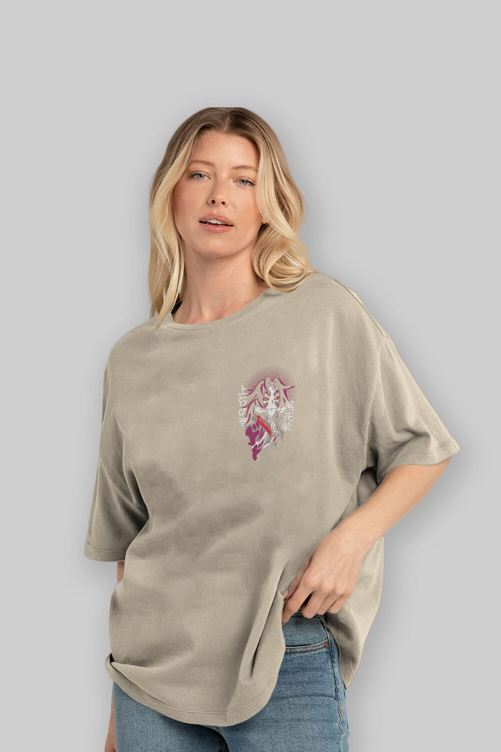 Kokushibo Ön Sol Baskılı Oversize t-shirt Erkek Kadın Unisex %100 Pamuk Bisiklet Yaka tişort