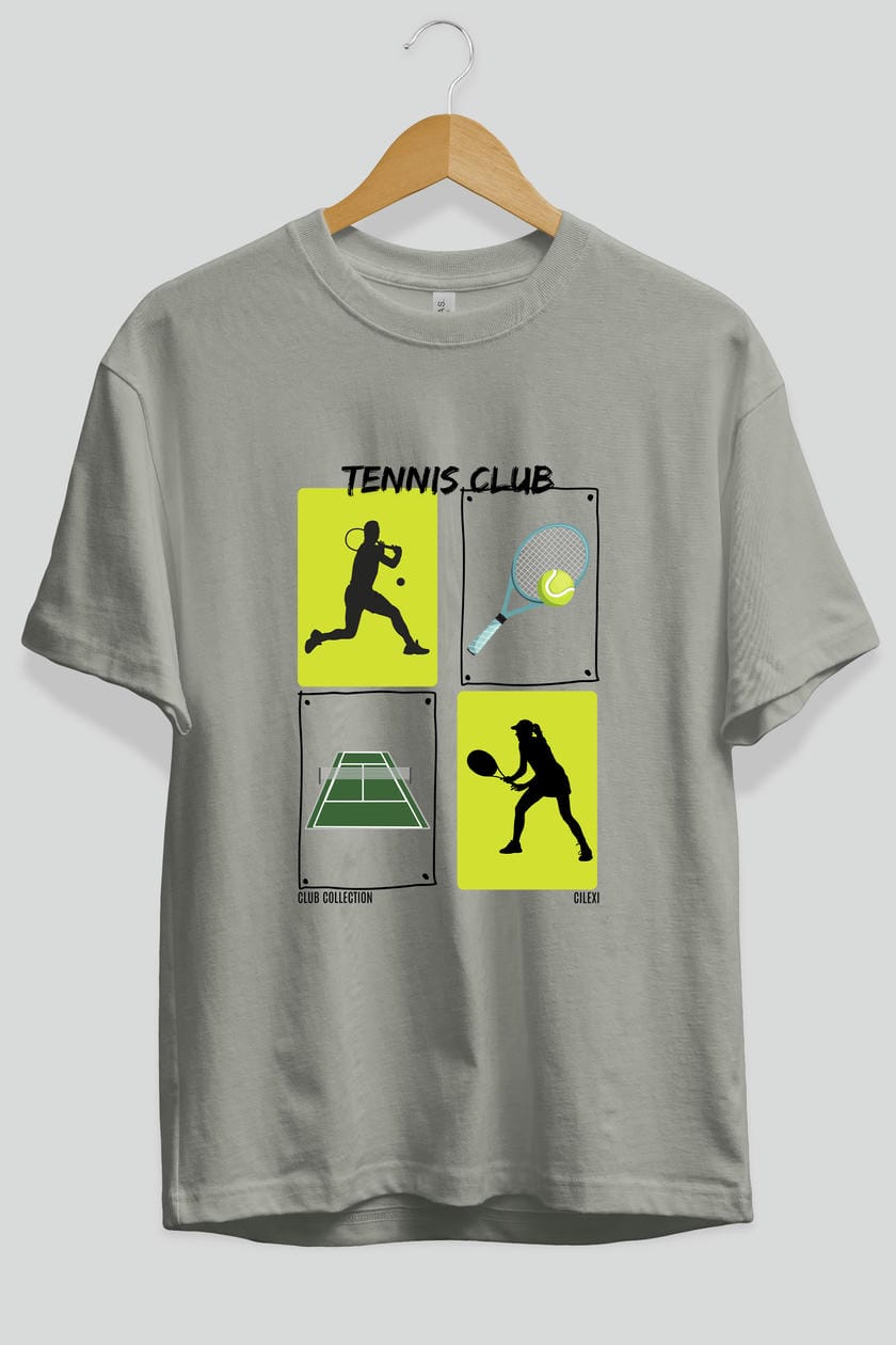 Tennis Club ön Baskılı Oversize t-shirt Erkek Kadın %100 Pamuk Bisiklet Yaka tişort