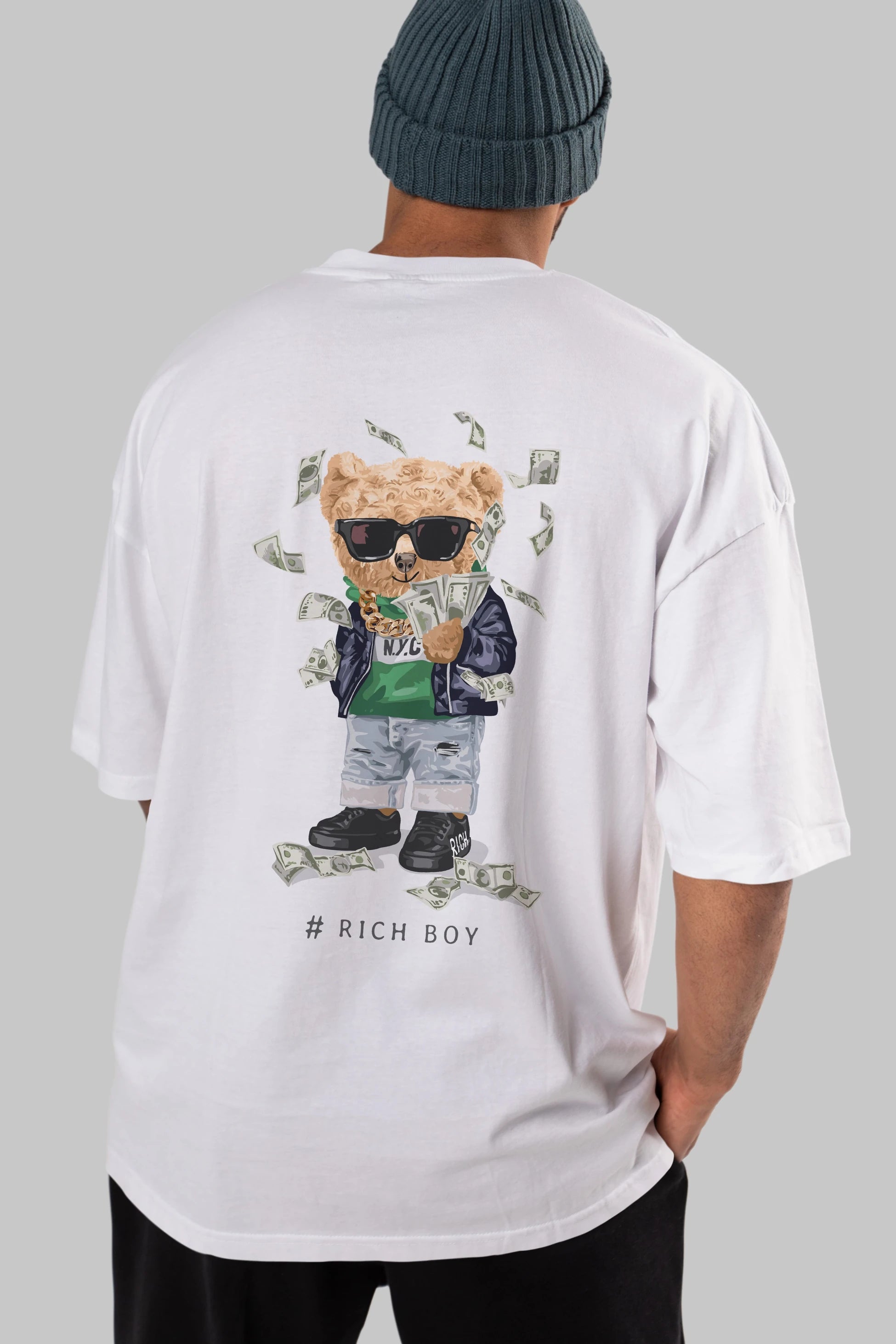 Teddy Bear Rich Boy Arka Baskılı Oversize t-shirt Erkek Kadın Unisex %100 Pamuk