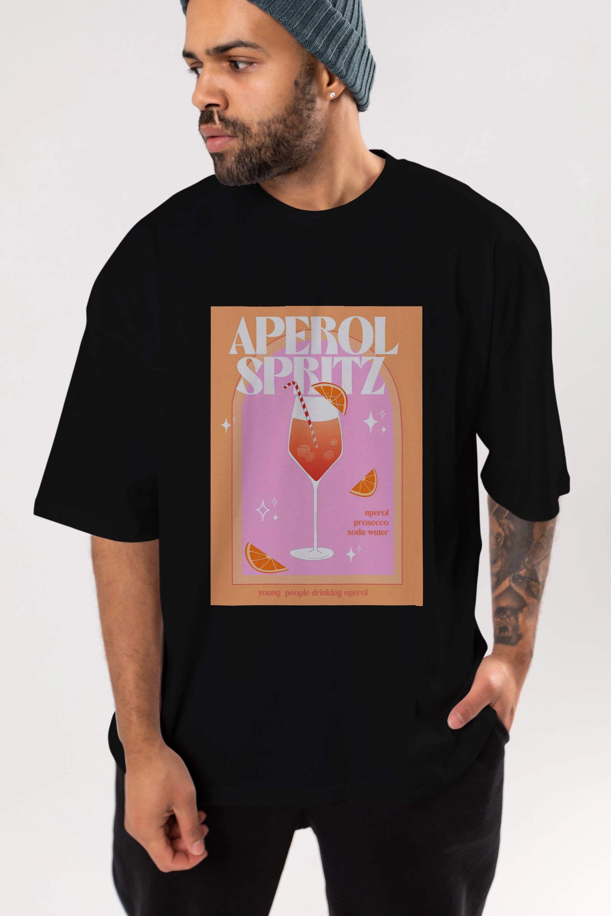 Aperol Spritz 2 Ön Baskılı Oversize t-shirt Erkek Kadın Unisex %100 Pamuk Bisiklet Yaka tişort