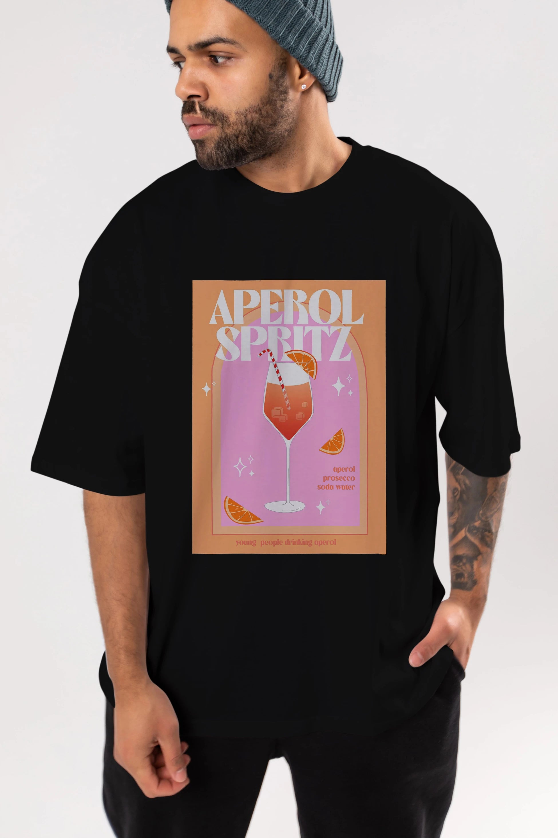 Aperol Spritz 2 Ön Baskılı Oversize t-shirt Erkek Kadın Unisex %100 Pamuk Bisiklet Yaka tişort