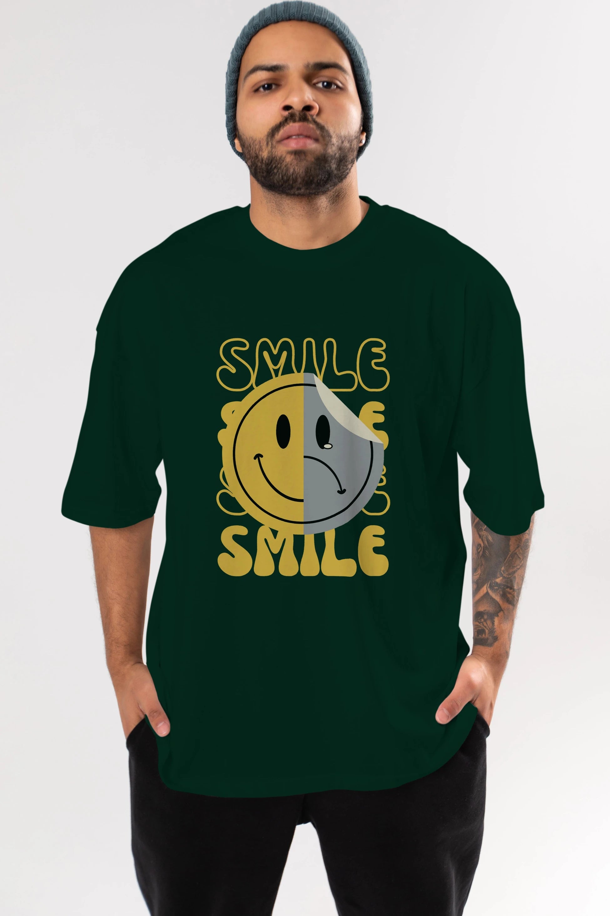 Smile Yazılı Ön Baskılı Oversize t-shirt Erkek Kadın Unisex