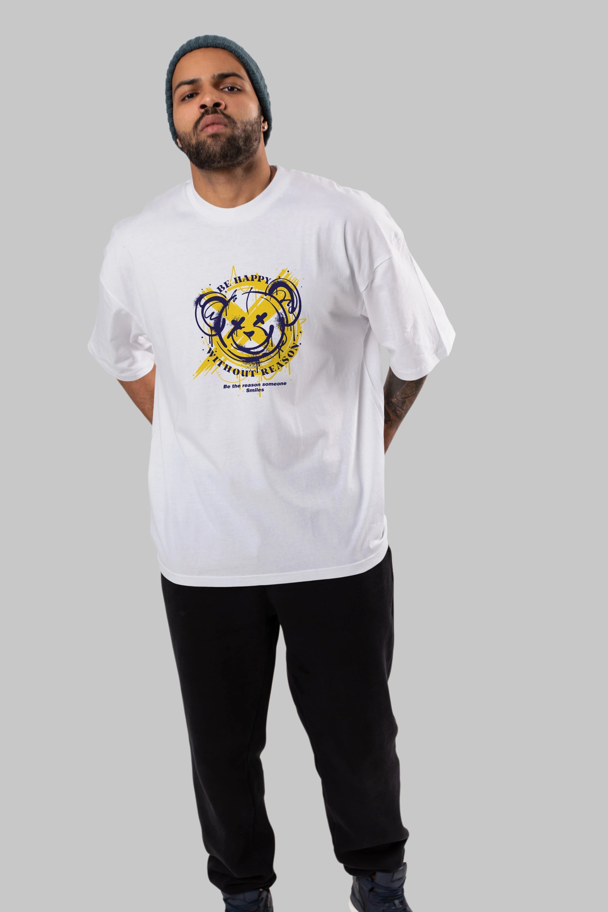 Be Happy Bear 2 Ön Baskılı Oversize t-shirt Erkek Kadın Unisex