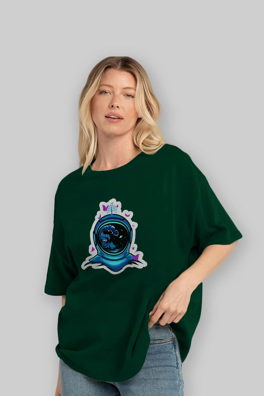 Astronaut and Butterfly Sticker Ön Baskılı Oversize t-shirt Erkek Kadın Unisex