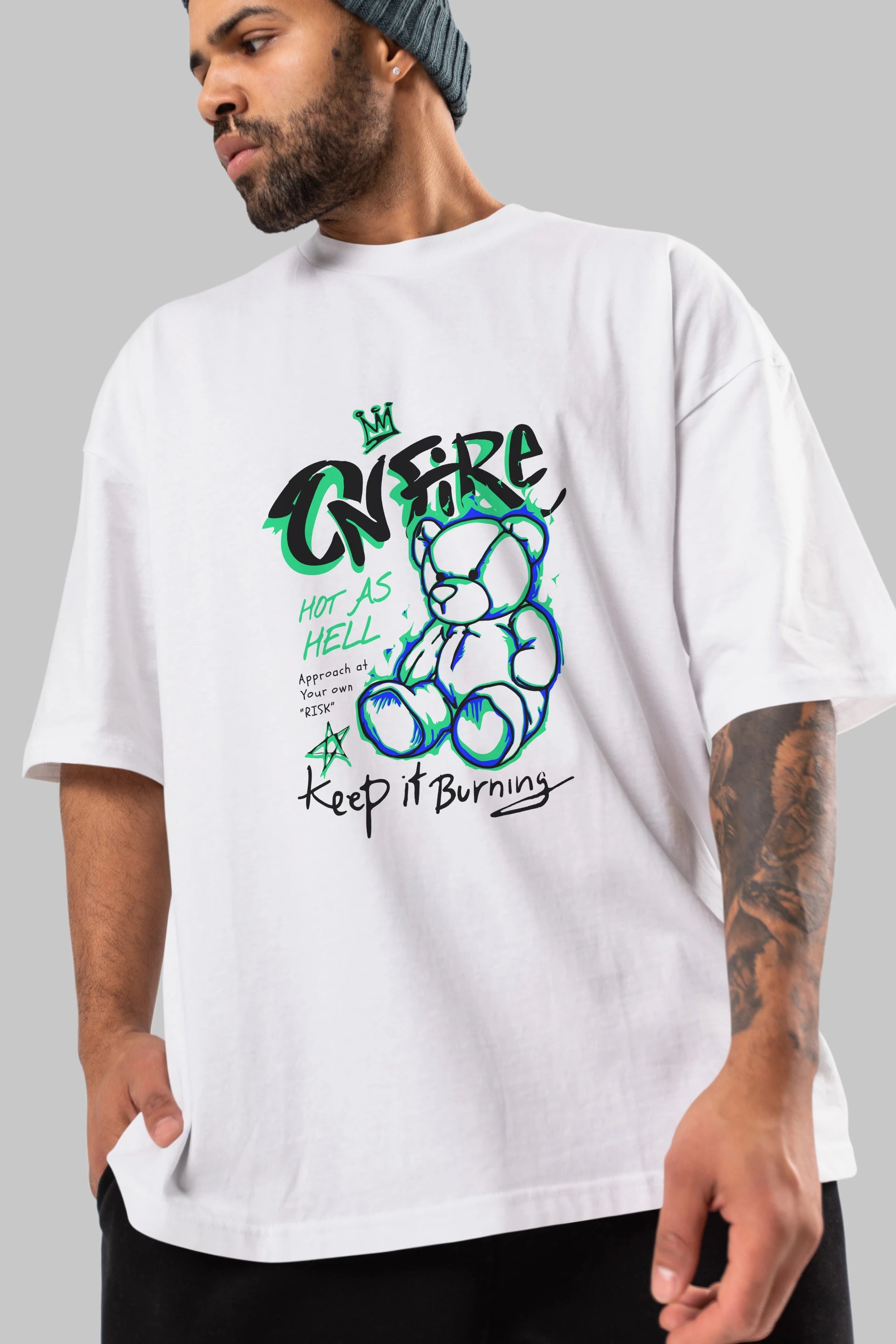 On Fire Bear Ön Baskılı Oversize t-shirt Erkek Kadın Unisex