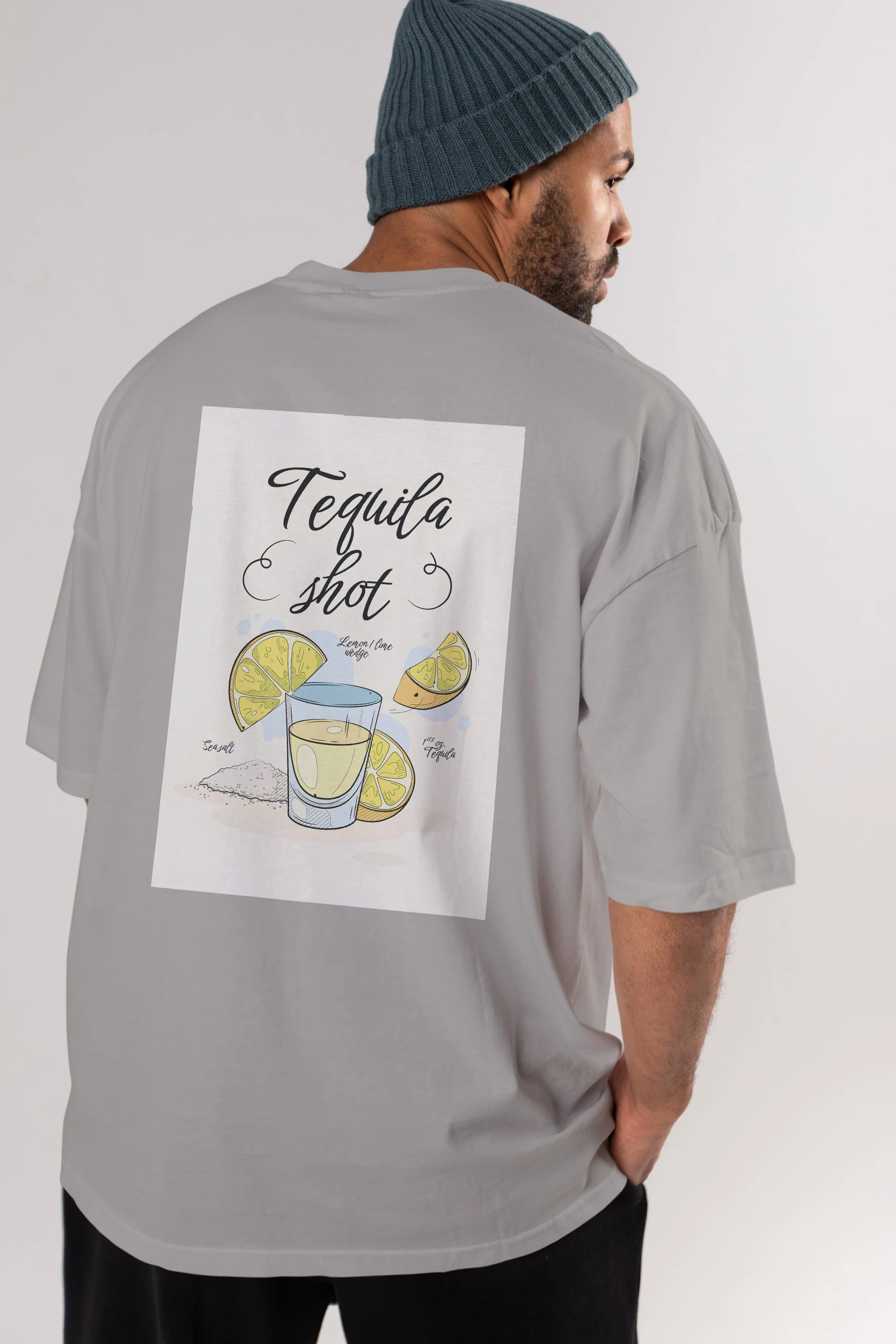 Tequila Shot Arka Baskılı Oversize t-shirt Erkek Kadın Unisex %100 Pamuk Bisiklet Yaka tişort