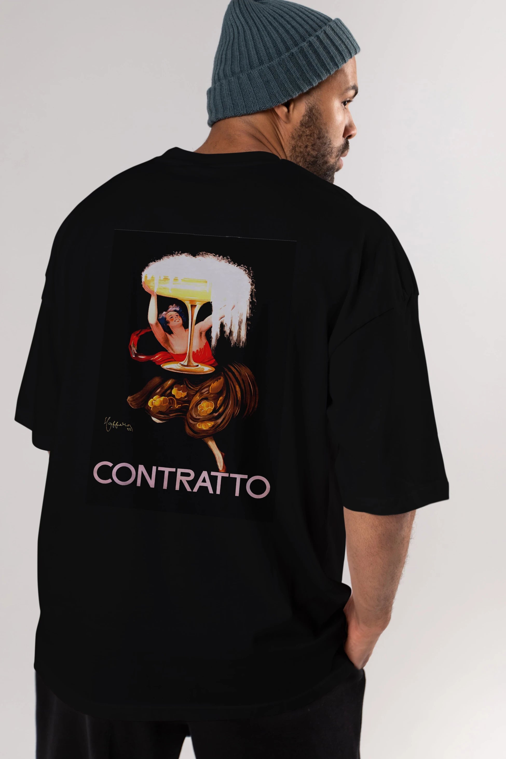 Contratto Arka Baskılı Oversize t-shirt Erkek Kadın Unisex %100 Pamuk Bisiklet Yaka tişort