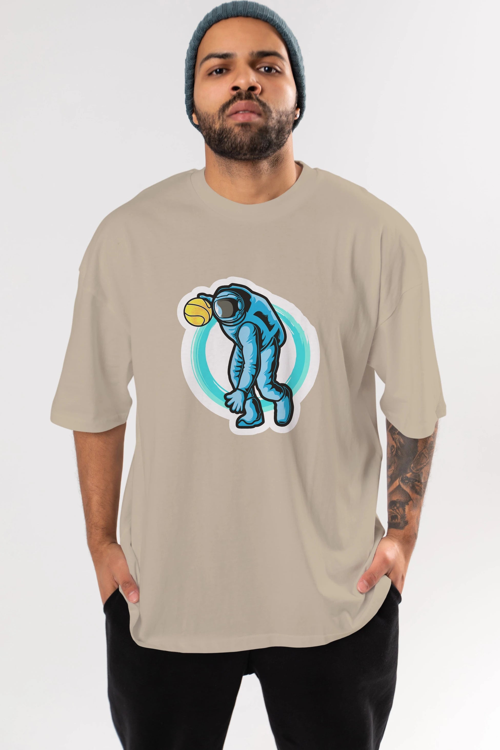 Astronaut Dribble Sticker Ön Baskılı Oversize t-shirt Erkek Kadın Unisex
