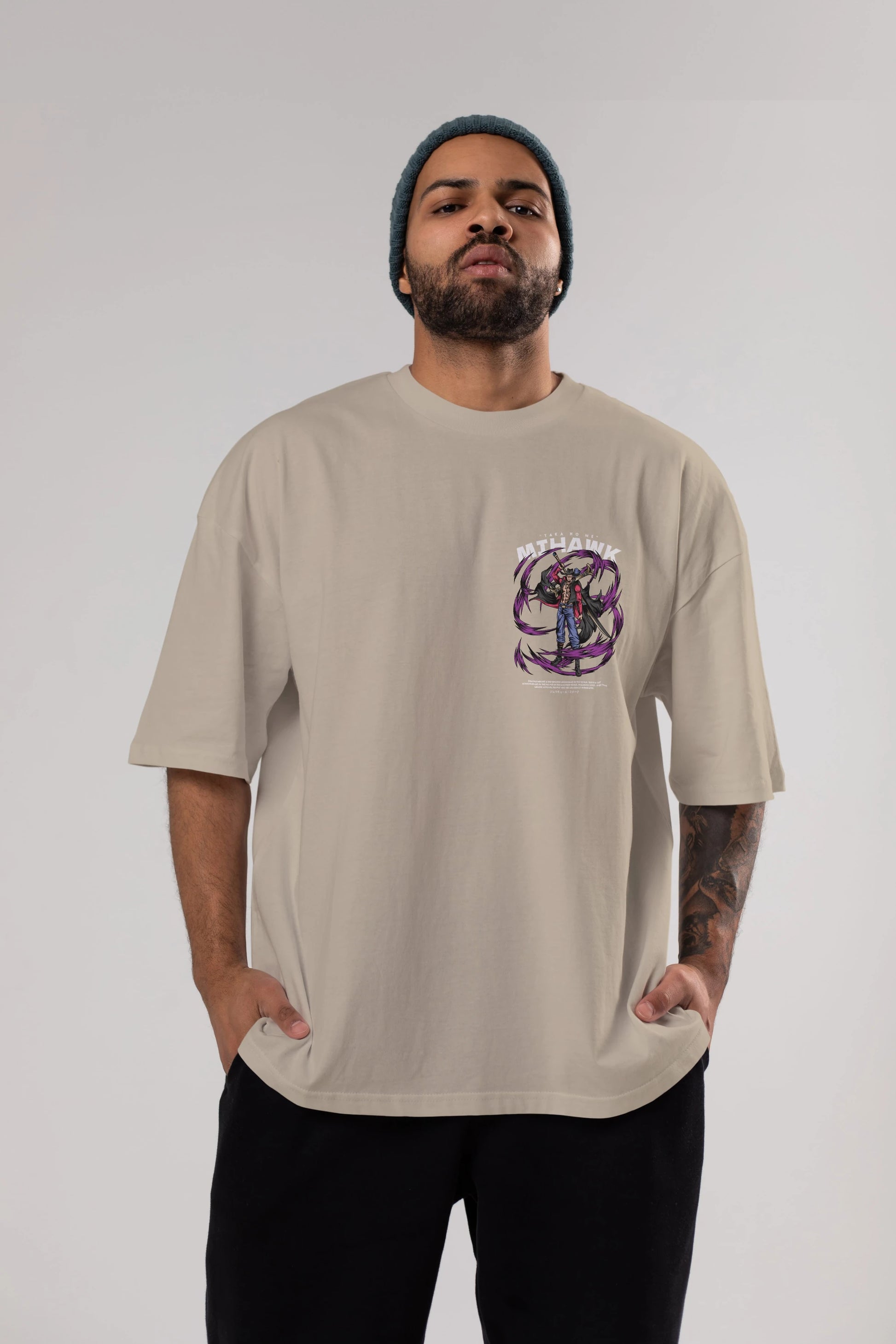 Mihawk Ön Sol Baskılı Oversize t-shirt Erkek Kadın Unisex %100 Pamuk Bisiklet Yaka tişort