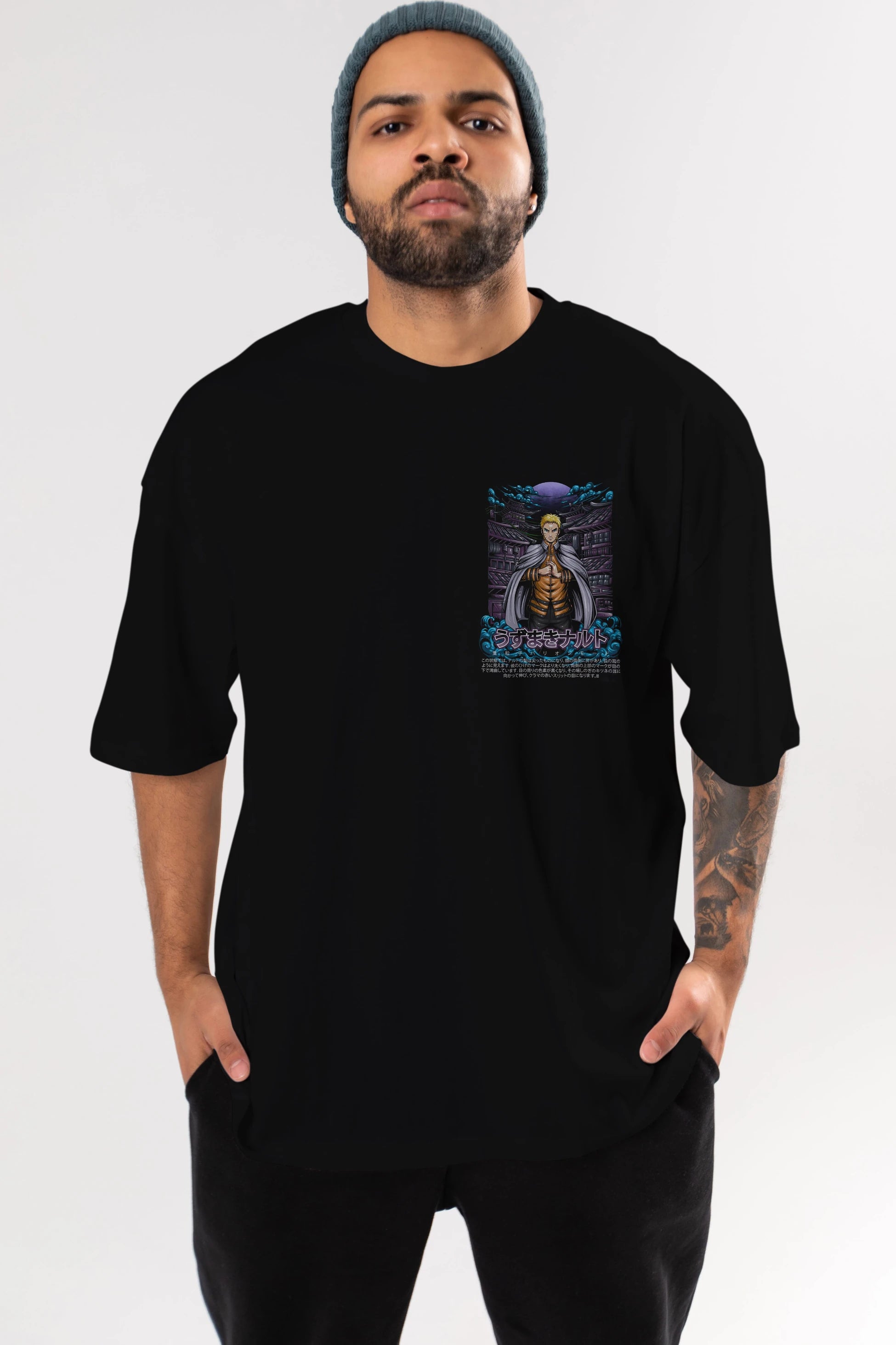 NARUTO (8) Ön Sol Baskılı Oversize t-shirt Erkek Kadın Unisex %100 Pamuk Bisiklet Yaka tişort
