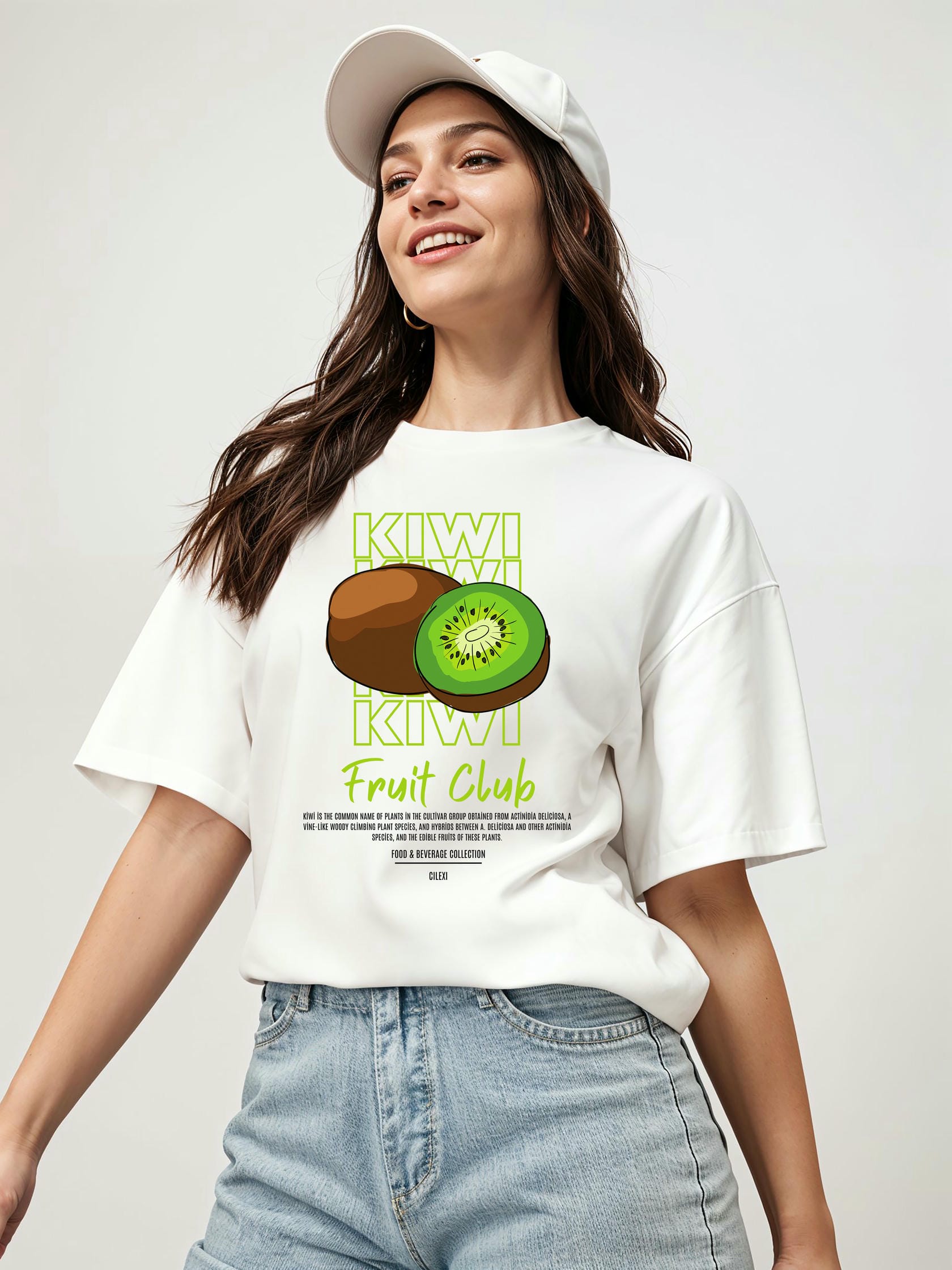 Kiwi Ön Baskılı Oversize t-shirt Erkek Kadın Pamuk Bisiklet Yaka tişort