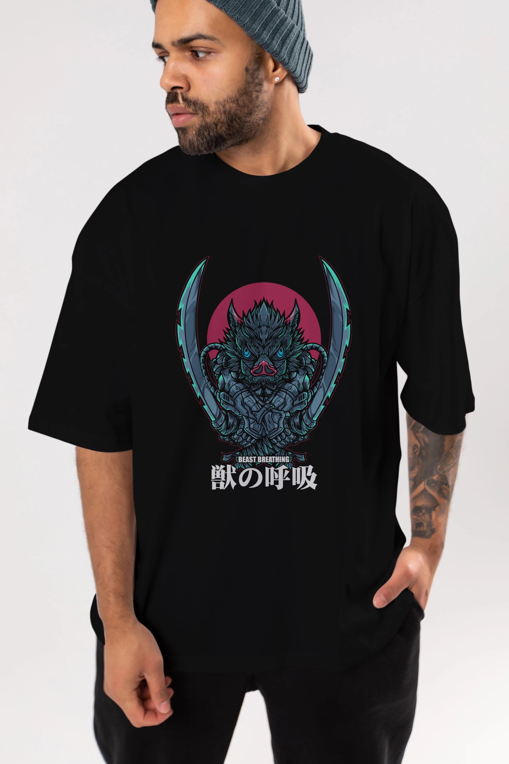 Inosuke DEMON SLAYER Anime Ön Baskılı Oversize t-shirt %100 pamuk Erkek Kadın Unisex