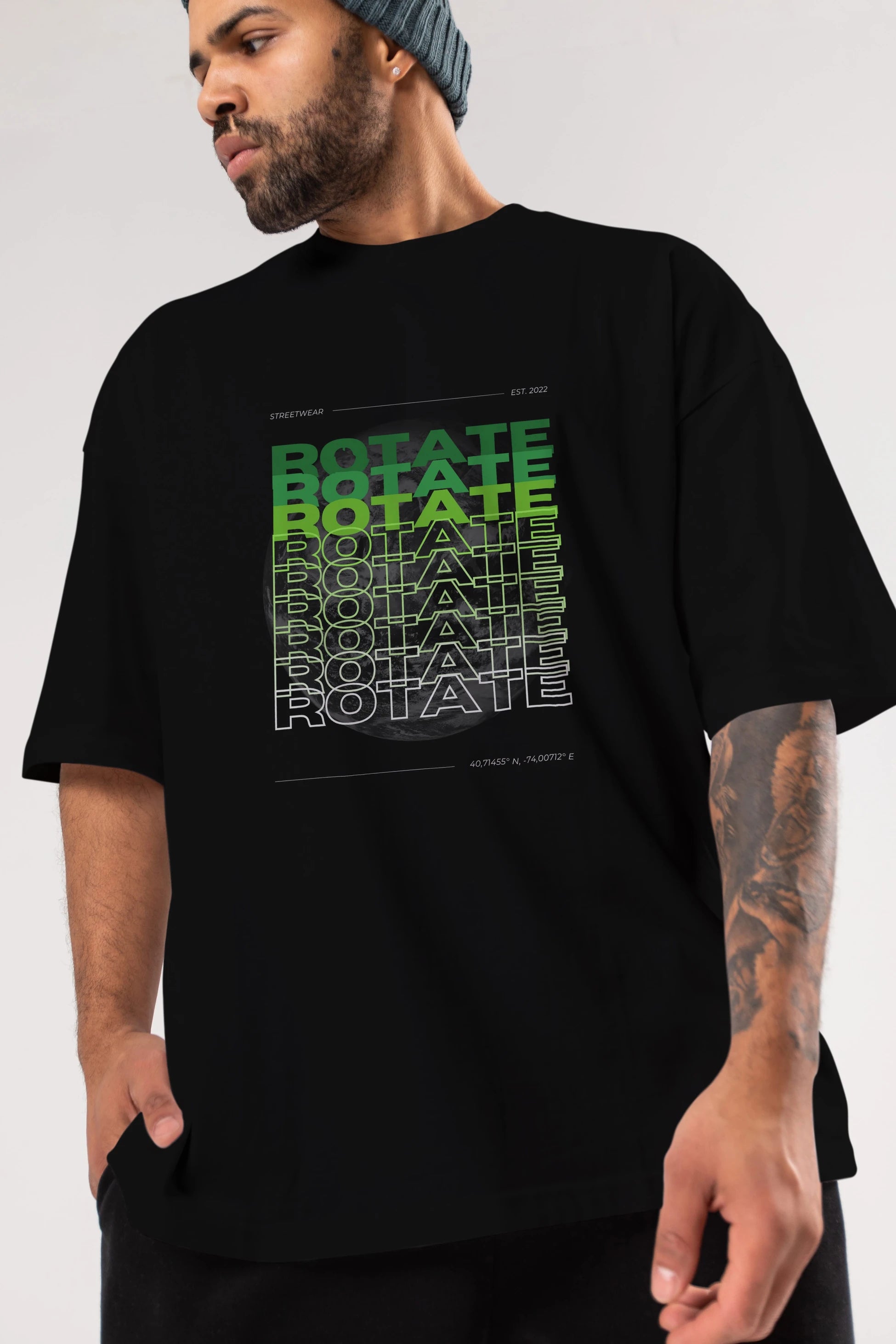 Rotate Yazılı Ön Baskılı Oversize t-shirt Erkek Kadın Unisex