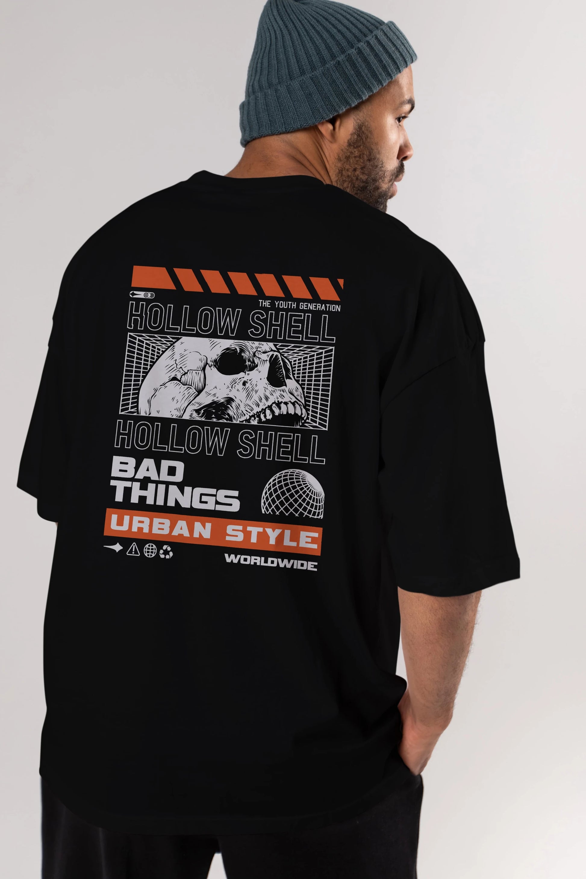 Hollow Shell Arka Baskılı Oversize t-shirt Erkek Kadın Unisex