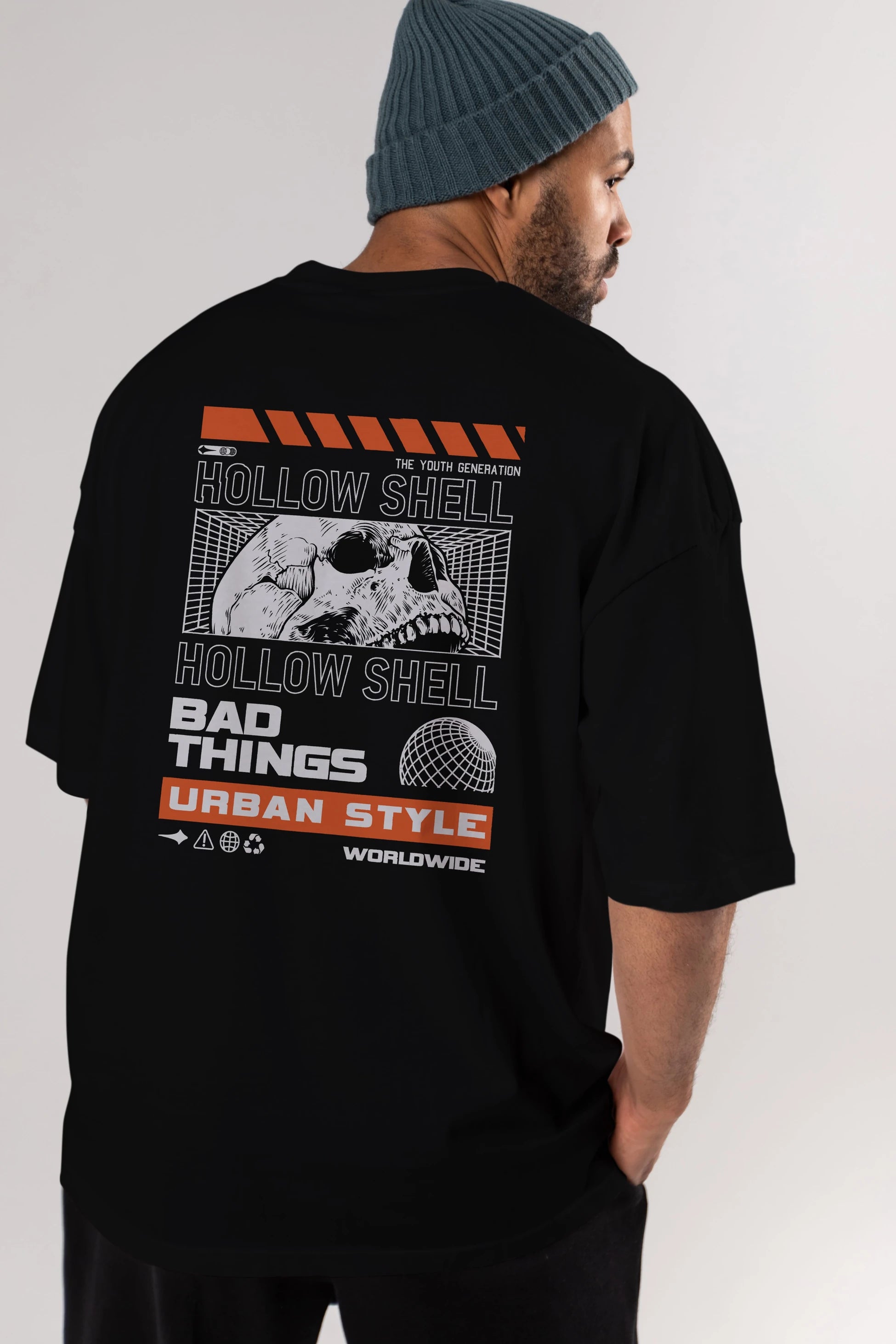 Hollow Shell Arka Baskılı Oversize t-shirt Erkek Kadın Unisex