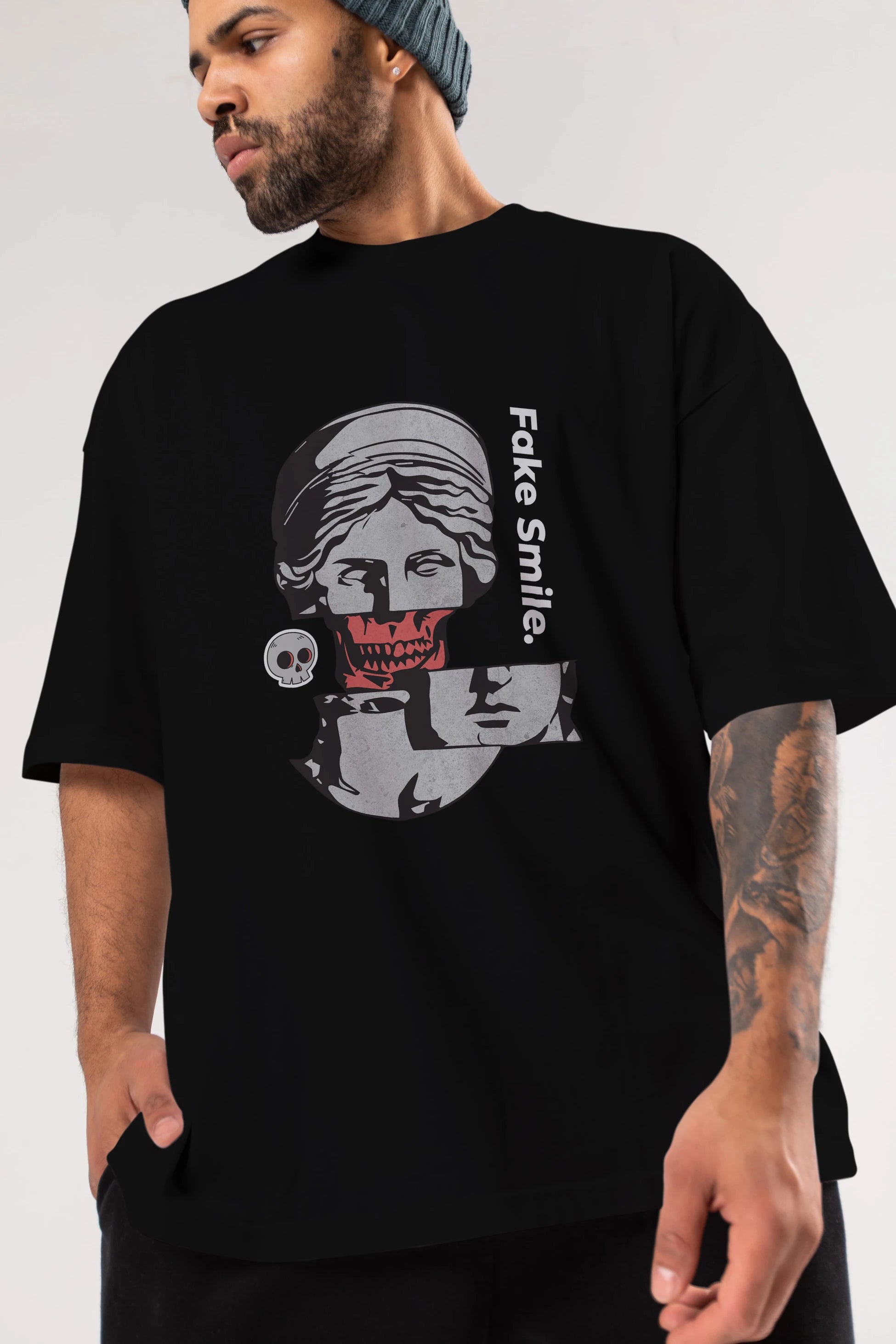 Fake Smile Yazılı Ön Baskılı Oversize t-shirt Erkek Kadın Unisex