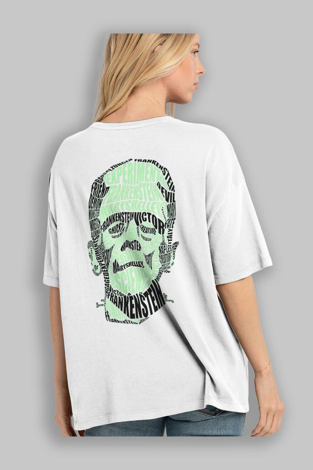Frankenstein Calligram Arka Baskılı Oversize t-shirt %100 pamuk Erkek Kadın Unisex