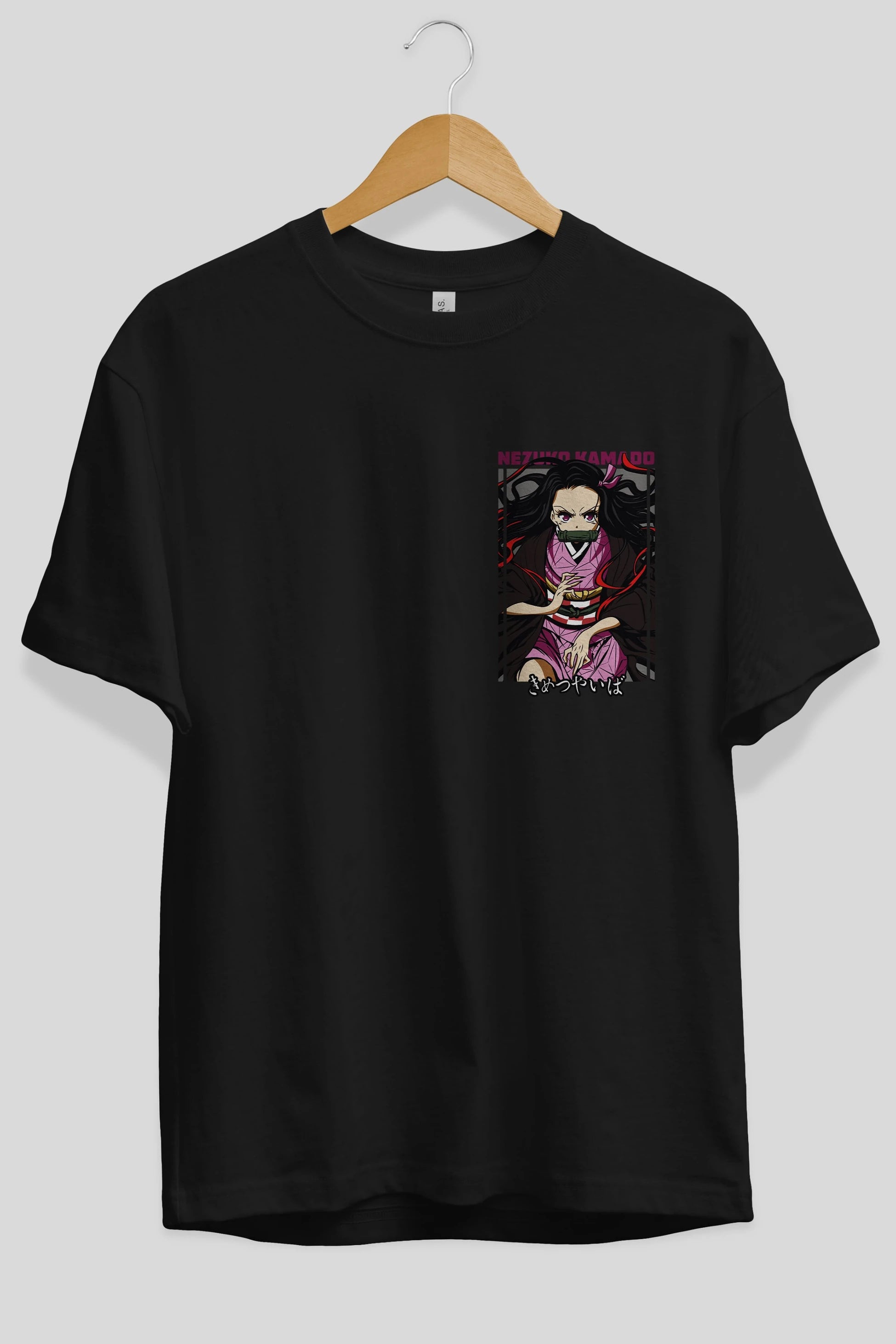 Nezuko Kamado 1 Ön Sol Baskılı Oversize t-shirt Erkek Kadın Unisex %100 Pamuk Bisiklet Yaka tişort