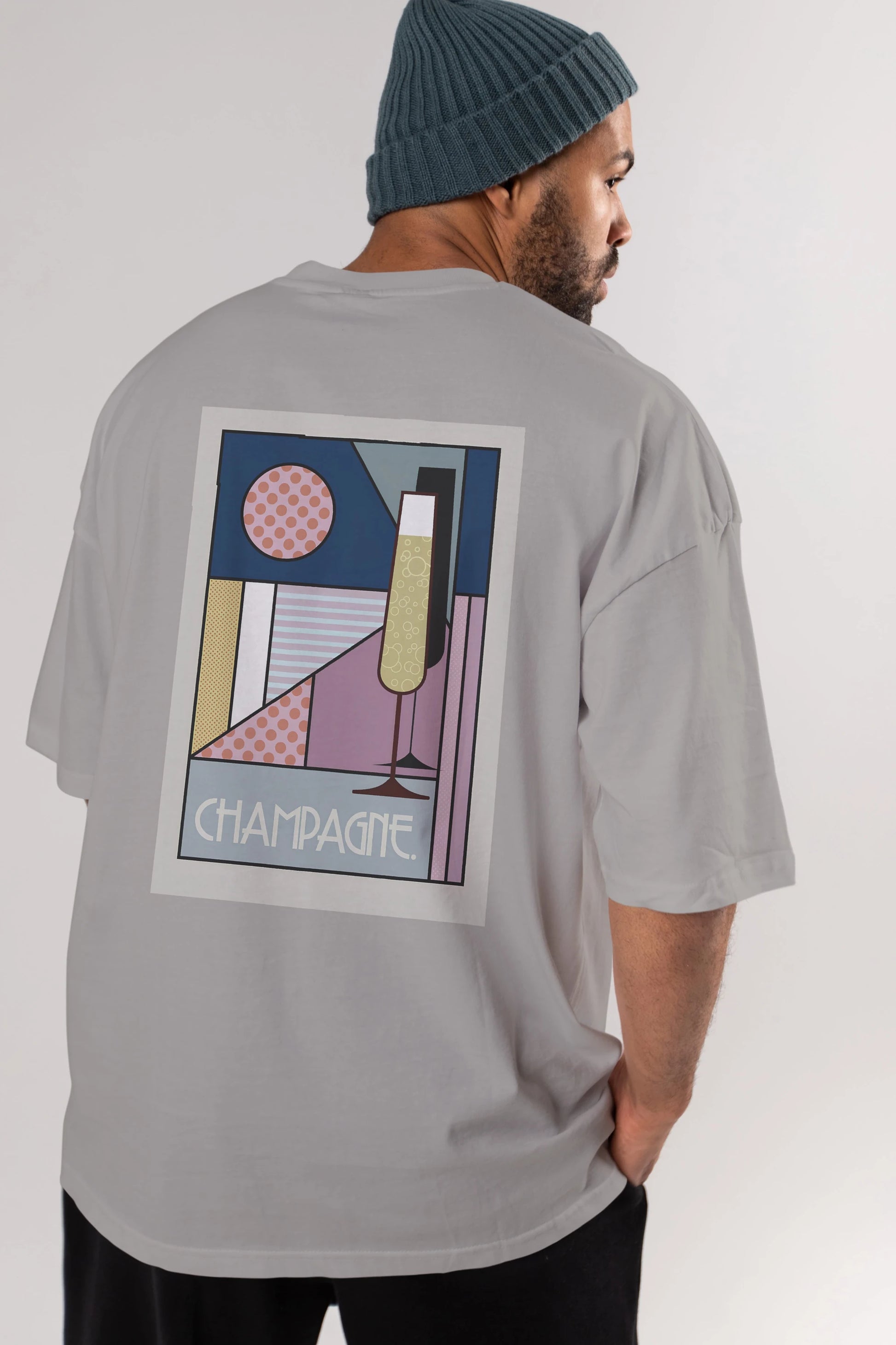 Champagne Arka Baskılı Oversize t-shirt Erkek Kadın Unisex %100 Pamuk Bisiklet Yaka tişort