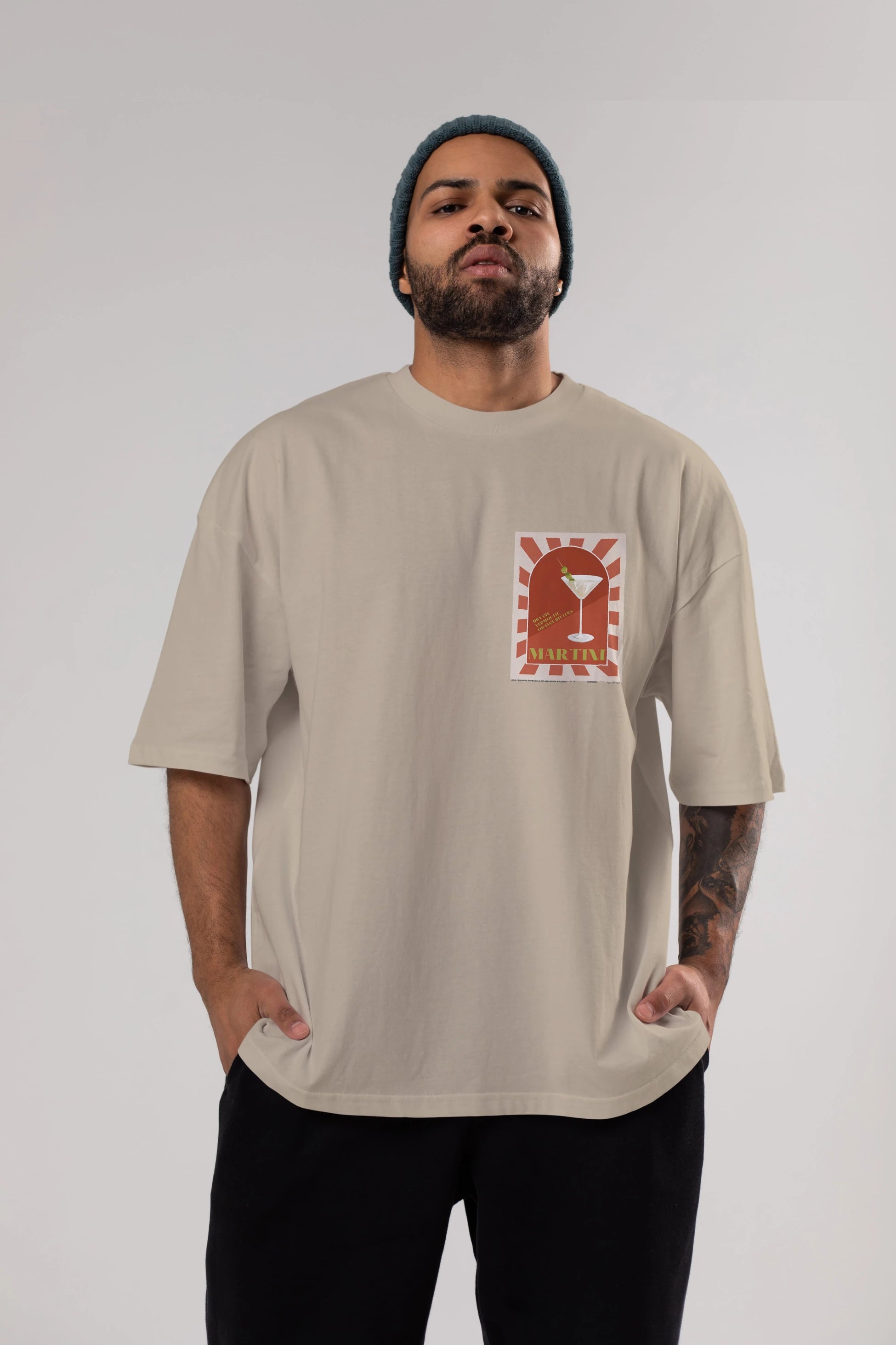 Martini 2 Ön Sol Baskılı Oversize t-shirt Erkek Kadın Unisex %100 Pamuk Bisiklet Yaka tişort